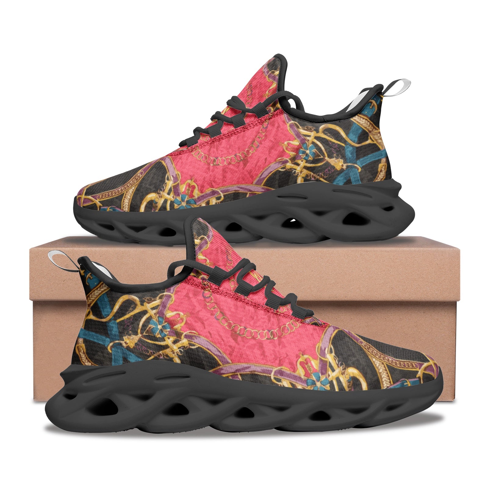 Pink Equestrian Scarf Print Bounce Mesh Knit Sneakers - HipHatter