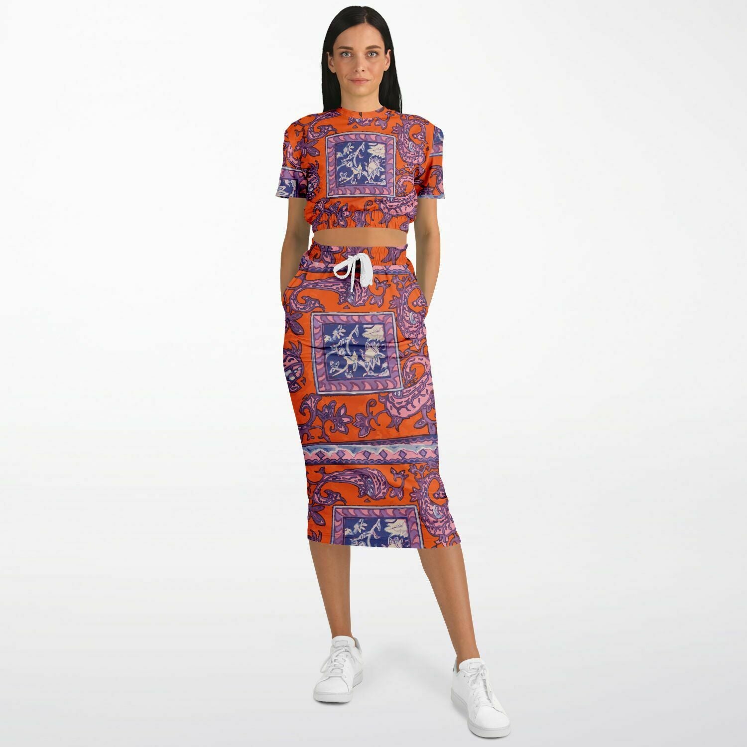 Orange Paisley Fashion Cropped Short Sleeve Sweatshirt and Long Pocket Skirt Set - Hip-Hatter