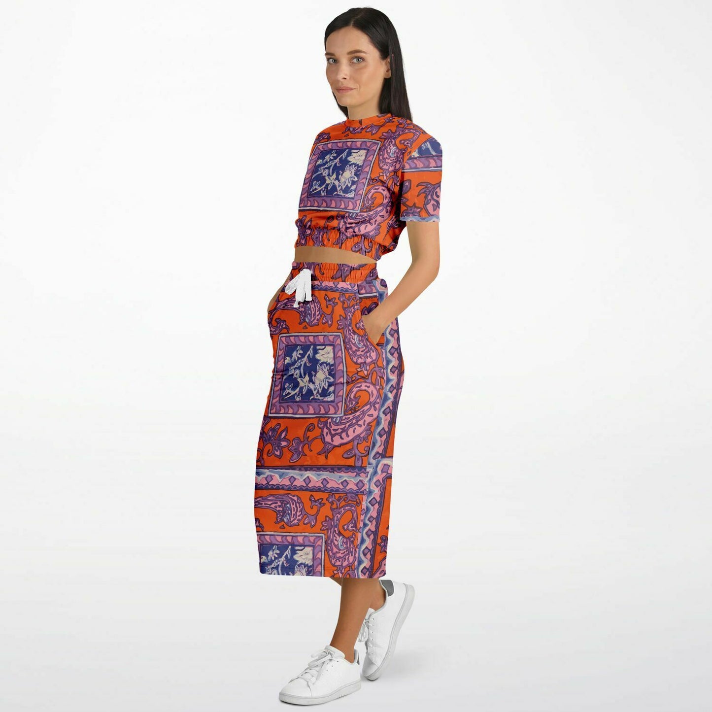Orange Paisley Fashion Cropped Short Sleeve Sweatshirt and Long Pocket Skirt Set - Hip-Hatter