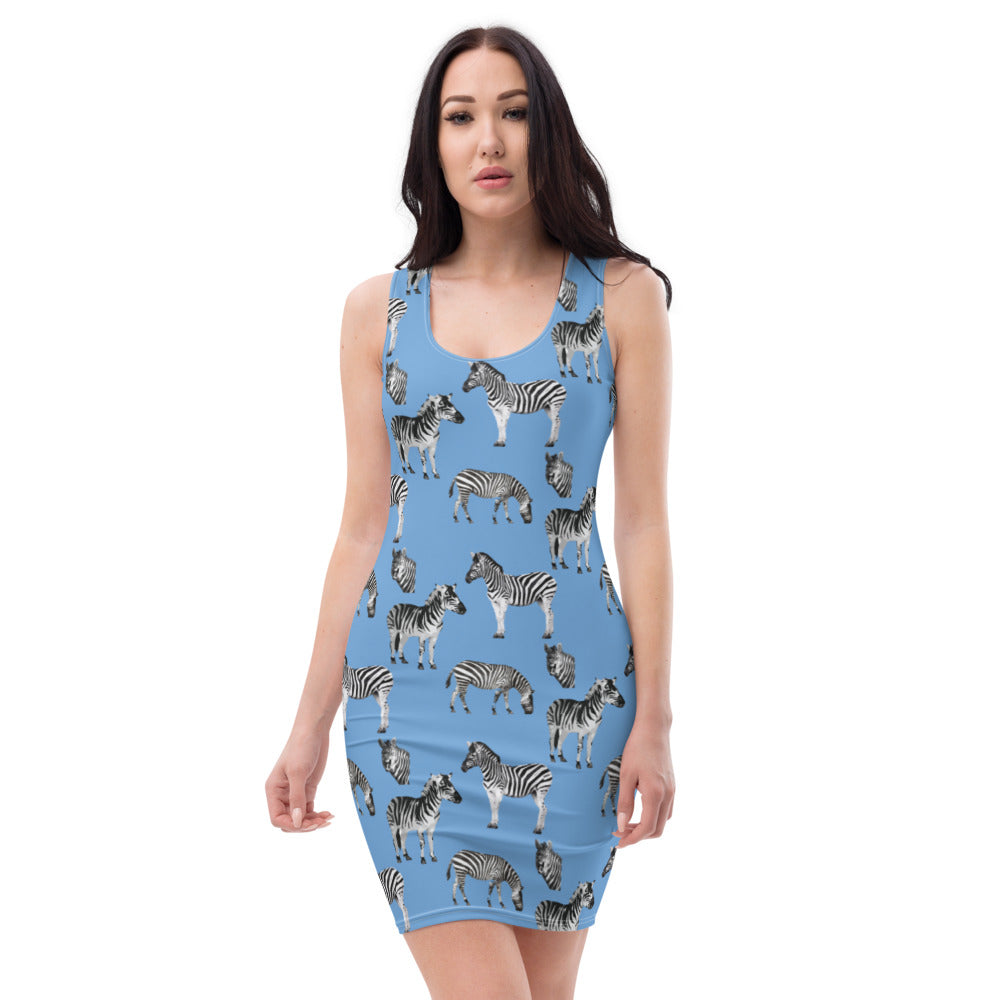 Sky Blue Safari Zebra Jersey Bodycon  Dress - HipHatter