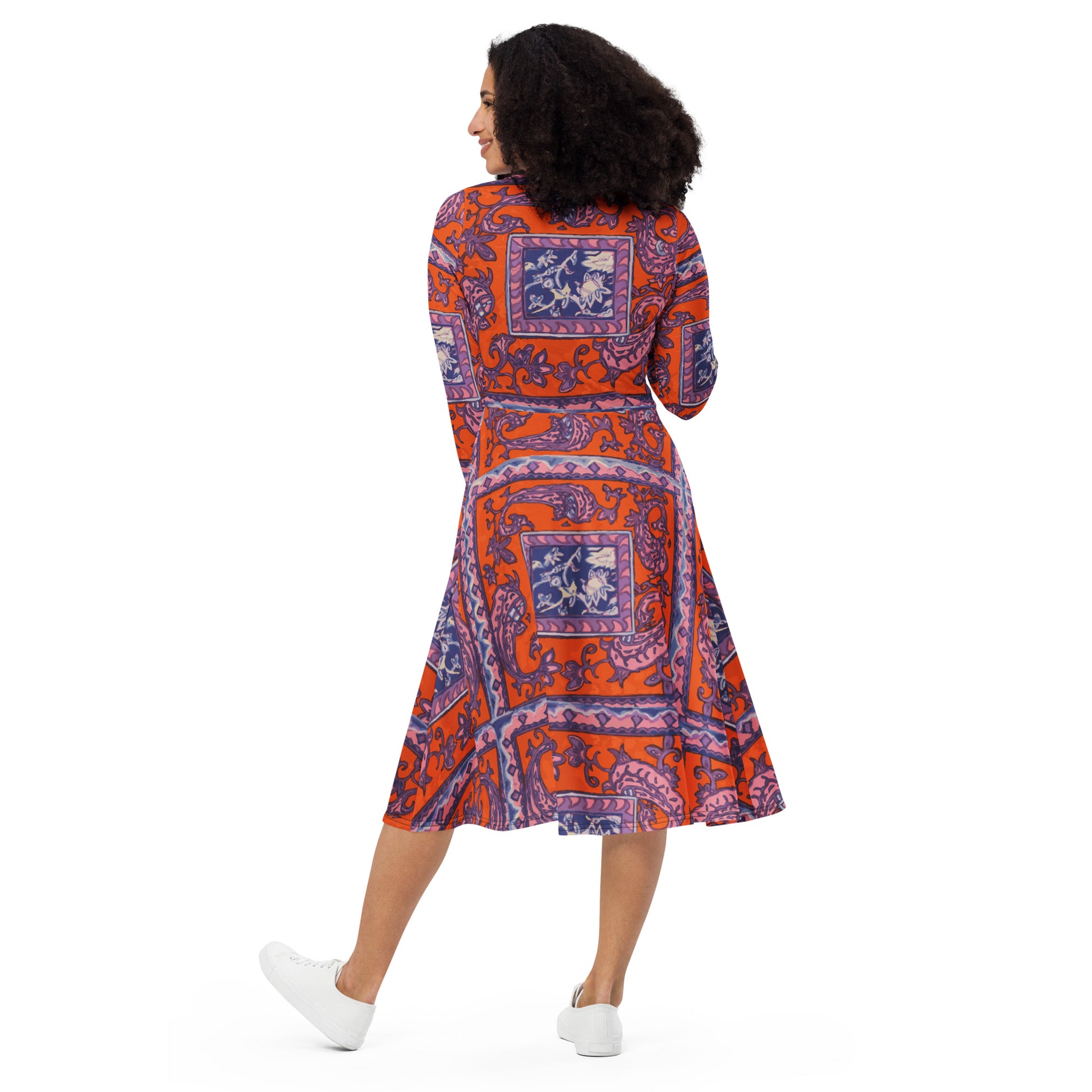 Orange Paisley Print All-over print long sleeve midi dress - HipHatter