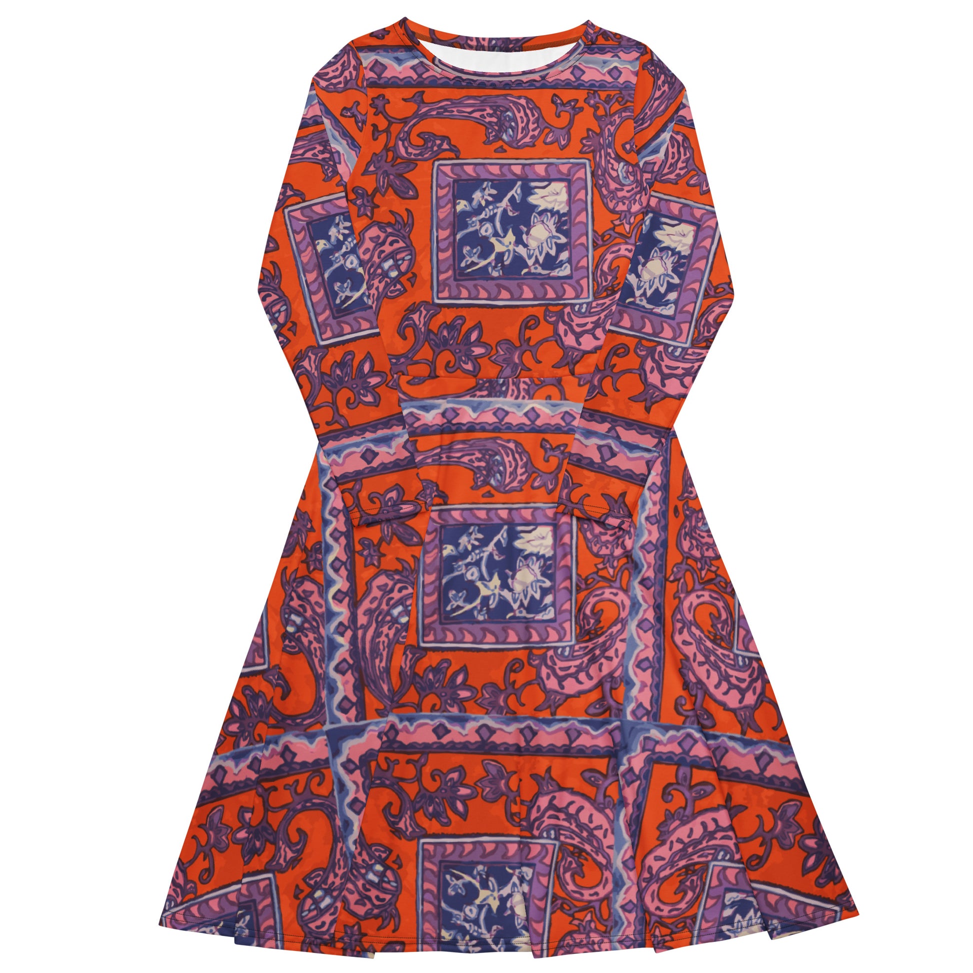 Orange Paisley Print All-over print long sleeve midi dress - HipHatter