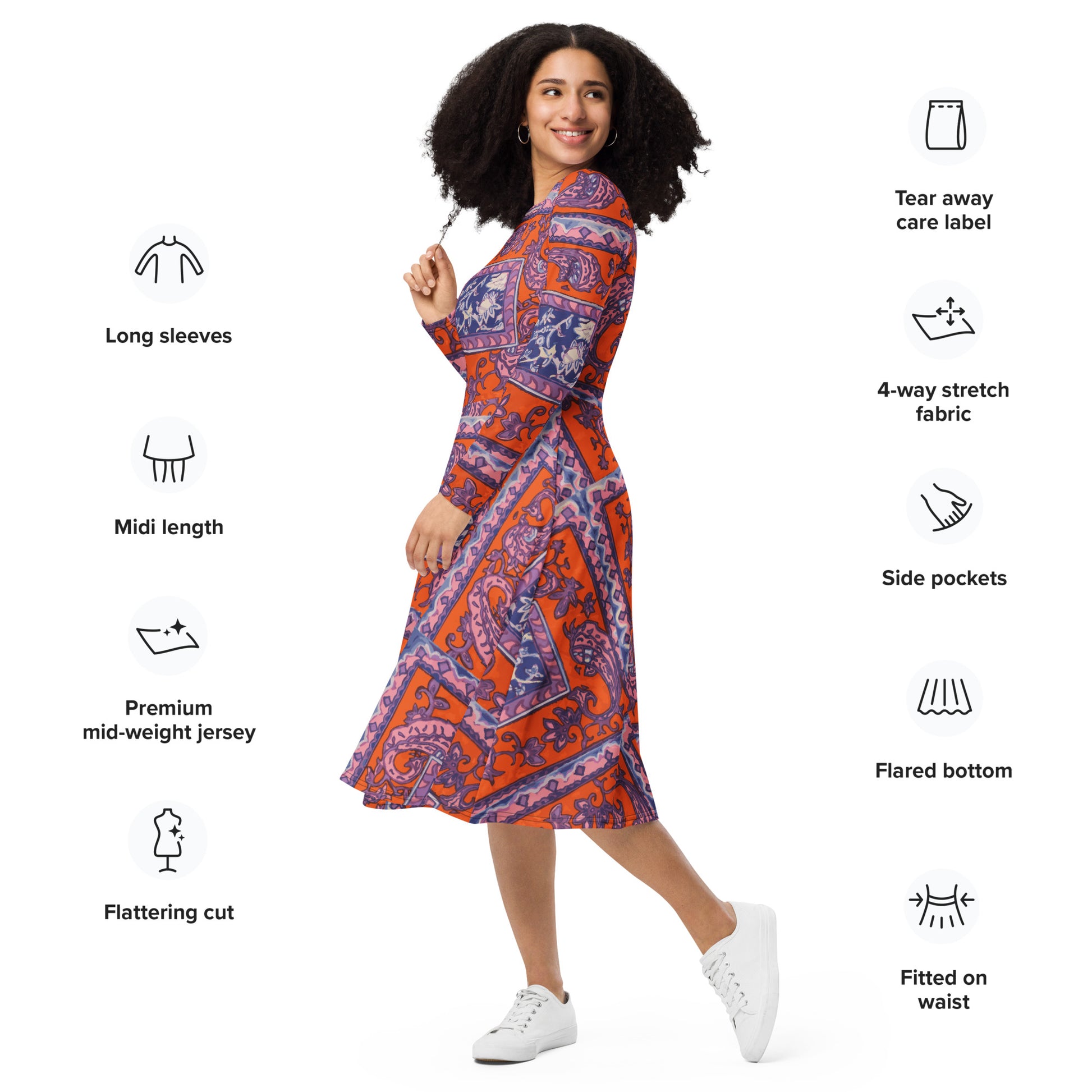 Orange Paisley Print All-over print long sleeve midi dress - HipHatter