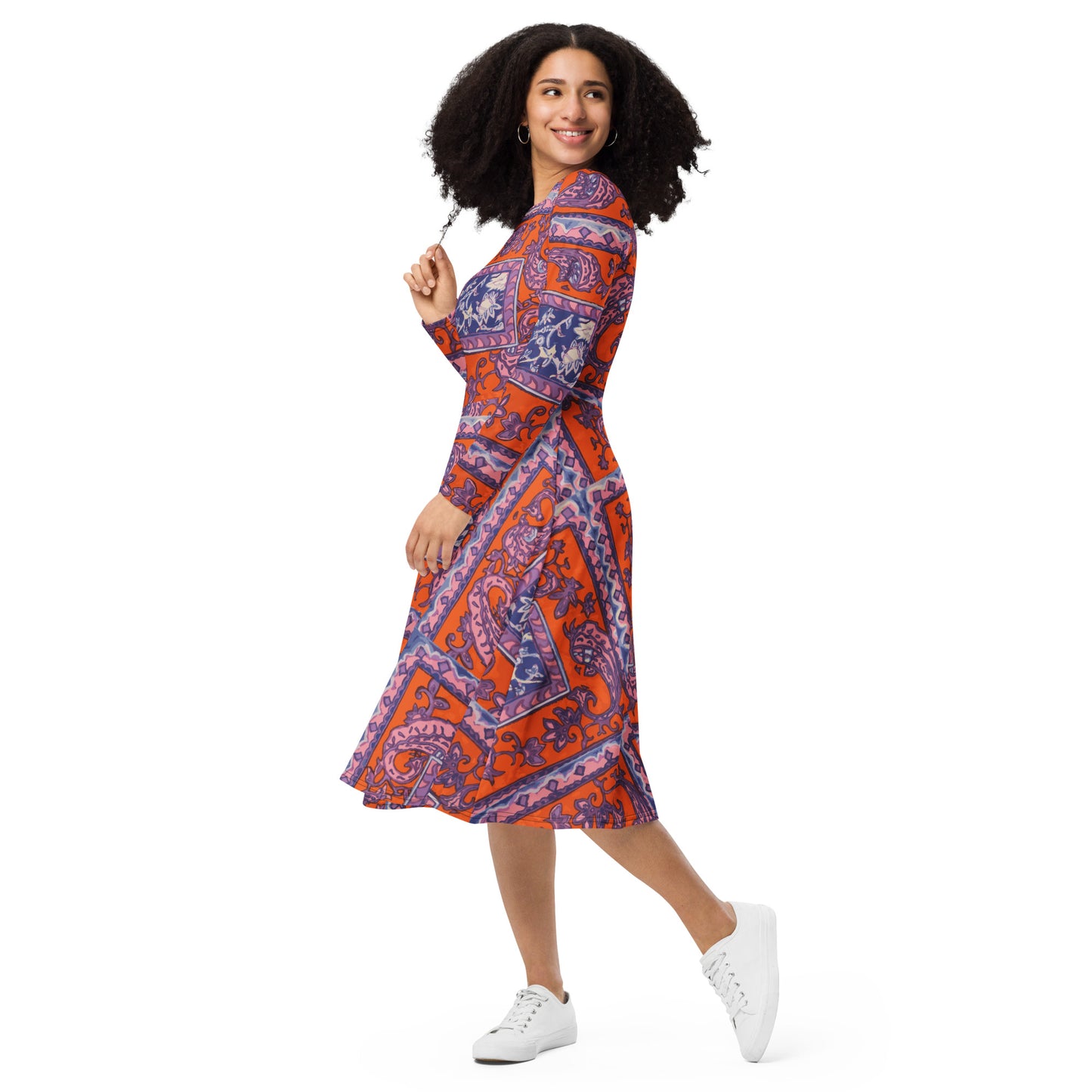 Orange Paisley Print All-over print long sleeve midi dress - HipHatter