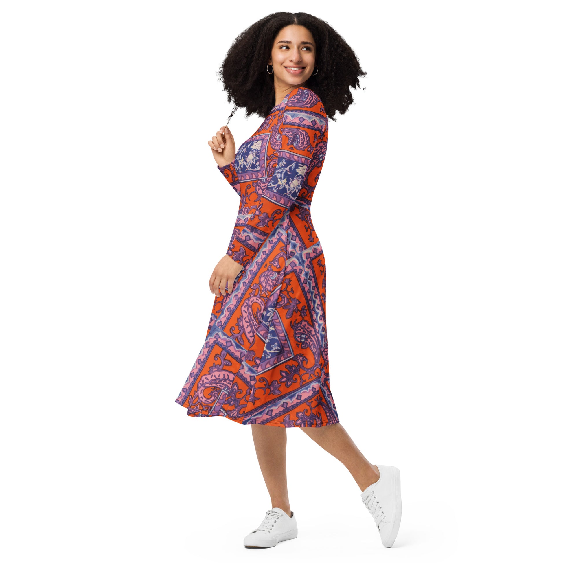 Orange Paisley Print All-over print long sleeve midi dress - HipHatter