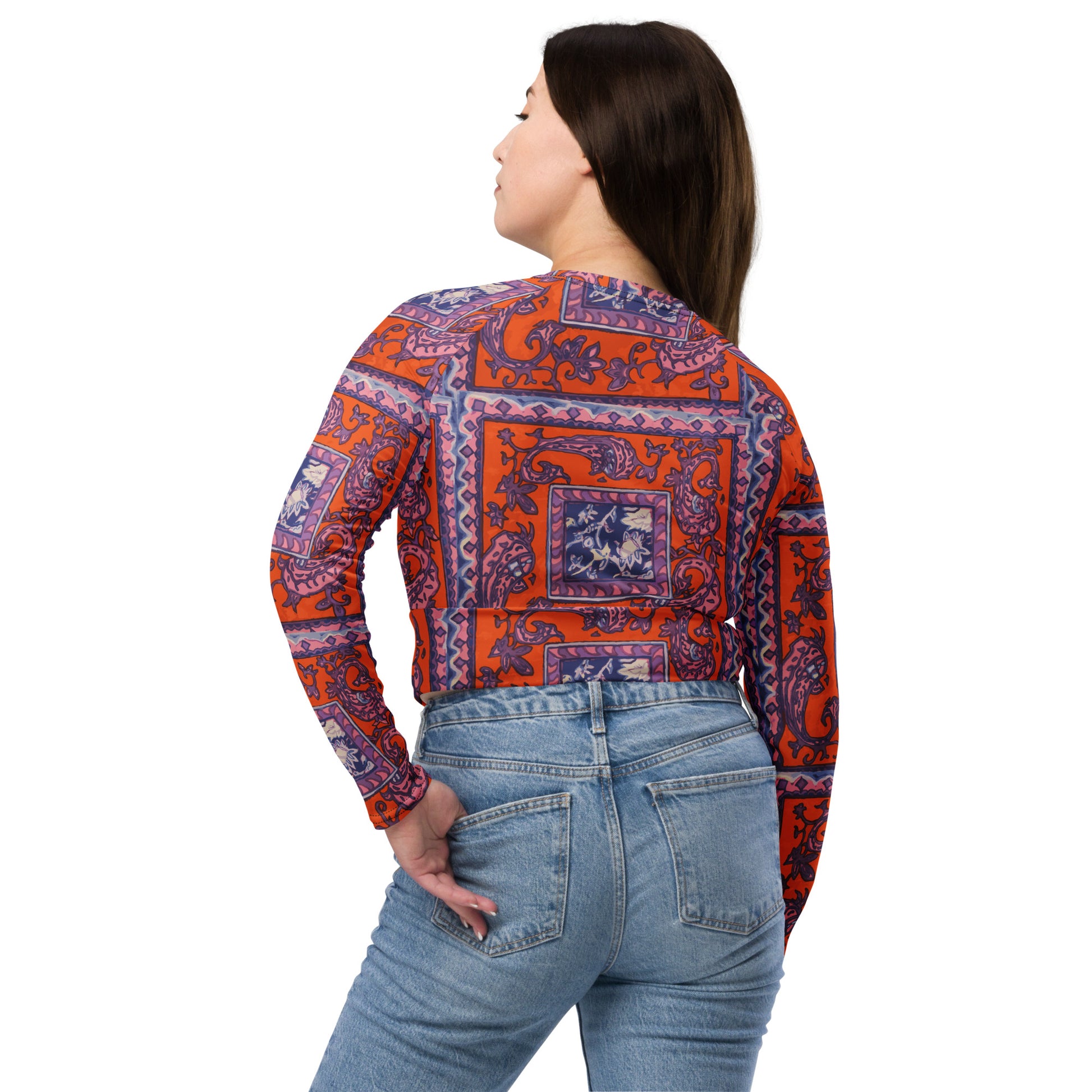 Orange Paisley Pattern Recycled long-sleeve crop top - HipHatter