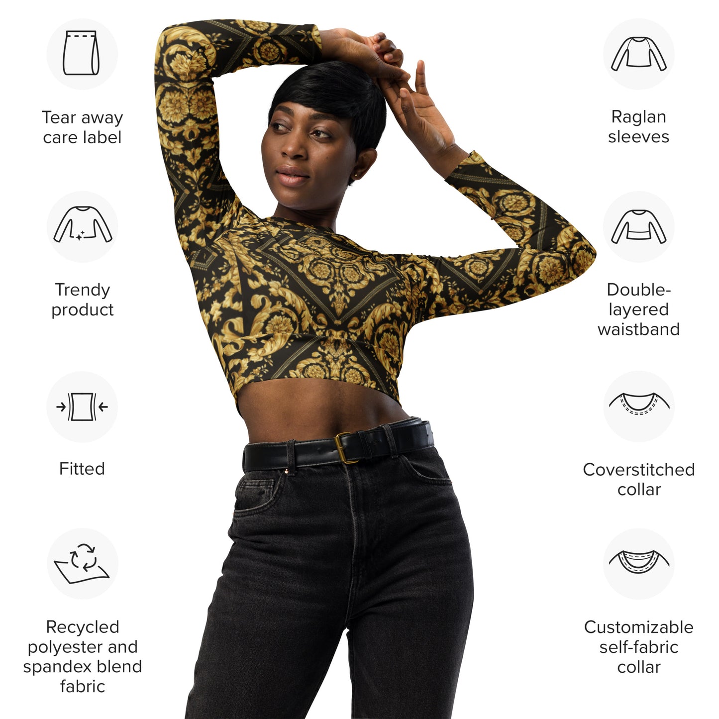 Gold and Black Baroque Print Recycled long-sleeve crop top - Hip-Hatter