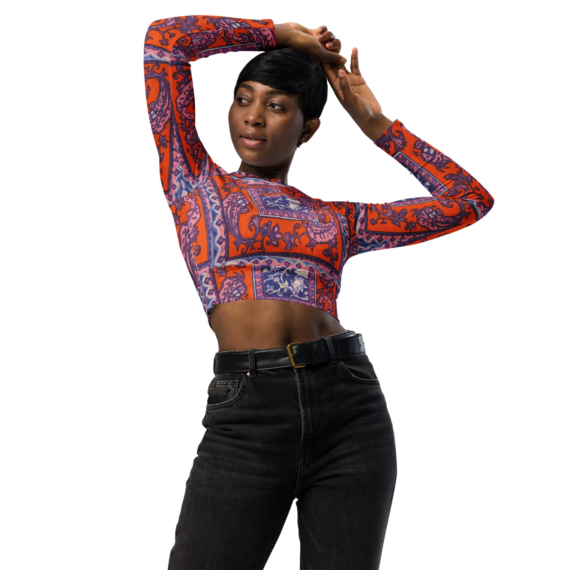 Orange Paisley Pattern Recycled long-sleeve crop top - HipHatter