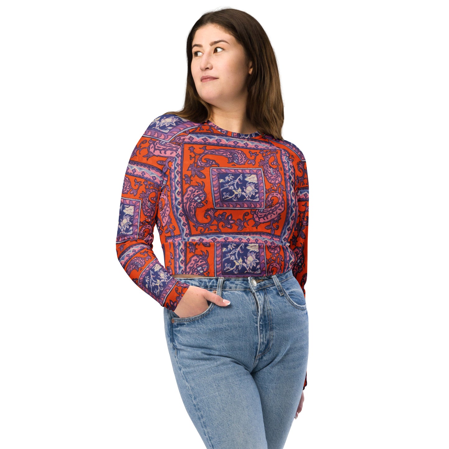 Orange Paisley Pattern Recycled long-sleeve crop top - HipHatter