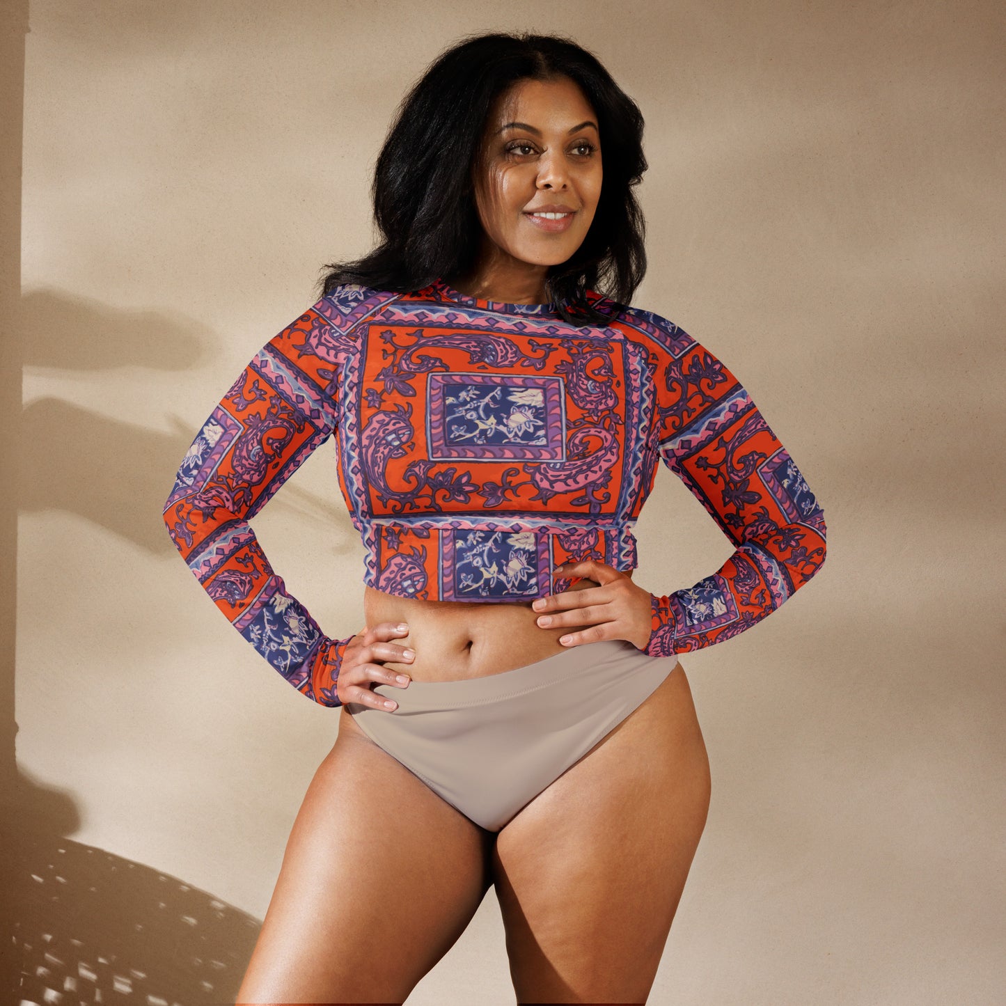 Orange Paisley Pattern Recycled long-sleeve crop top - HipHatter