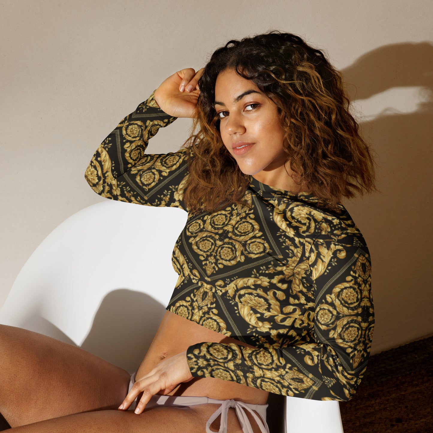 Gold and Black Baroque Print Recycled long-sleeve crop top - Hip-Hatter