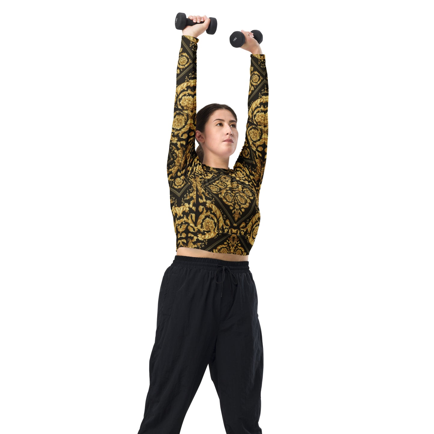 Gold and Black Baroque Print Recycled long-sleeve crop top - Hip-Hatter