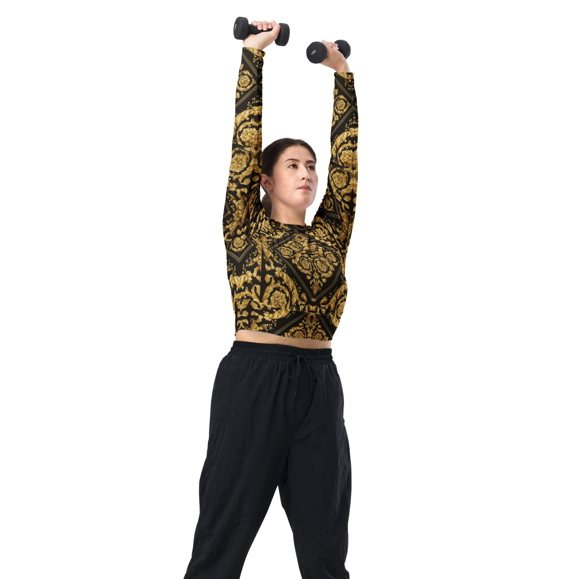 Gold and Black Baroque Print Recycled long-sleeve crop top - Hip-Hatter