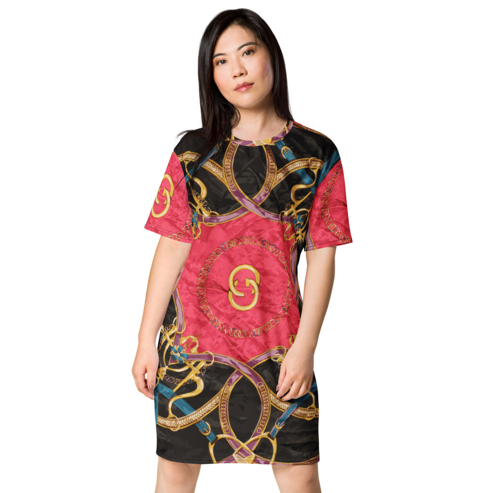 Pink Equestrian Scarf  Print T-Shirt Dress - HipHatter