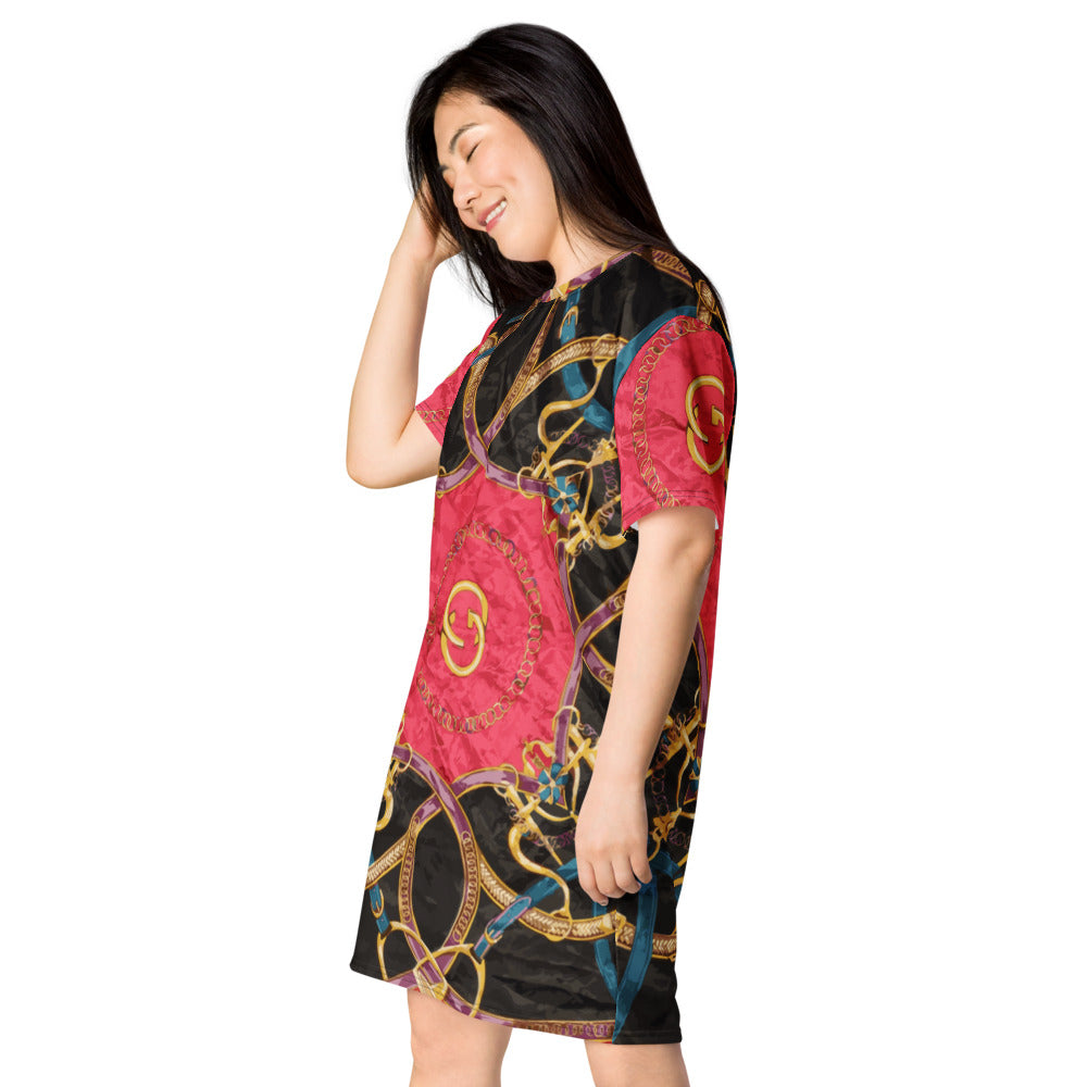 Pink Equestrian Scarf  Print T-Shirt Dress - HipHatter