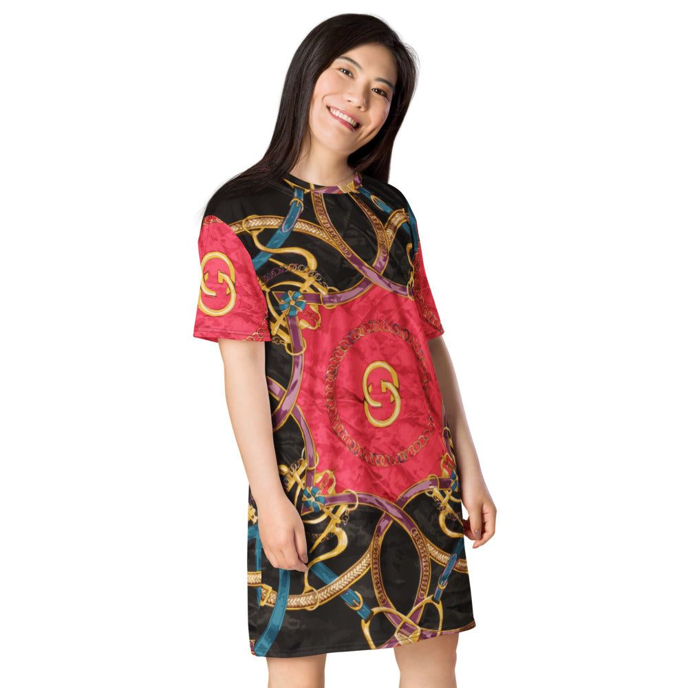 Pink Equestrian Scarf  Print T-Shirt Dress - HipHatter