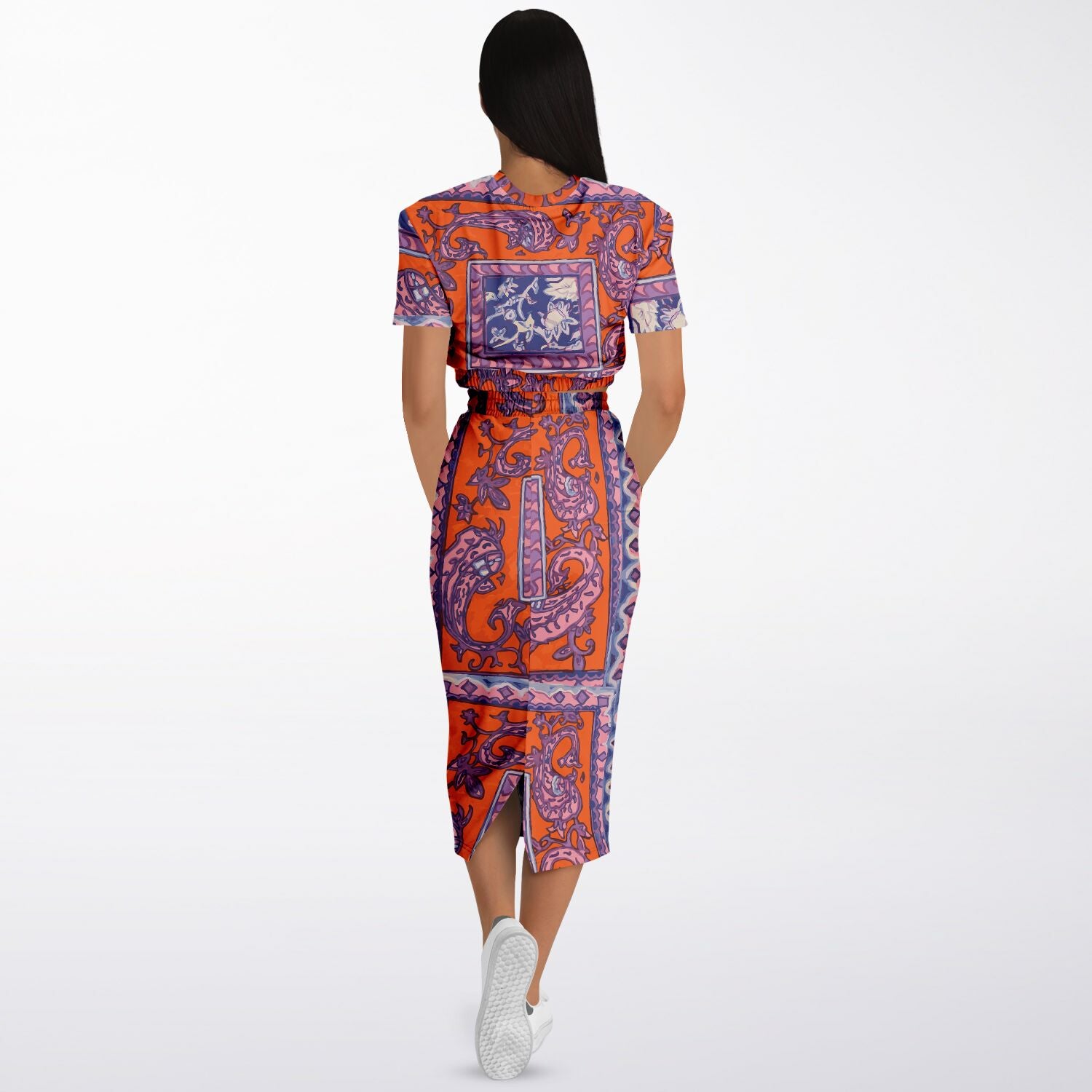 Orange Paisley Fashion Cropped Short Sleeve Sweatshirt and Long Pocket Skirt Set - Hip-Hatter