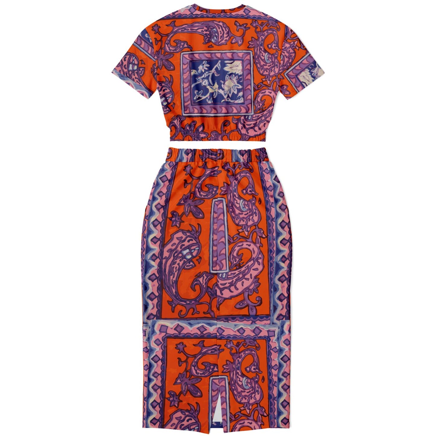 Orange Paisley Fashion Cropped Short Sleeve Sweatshirt and Long Pocket Skirt Set - Hip-Hatter