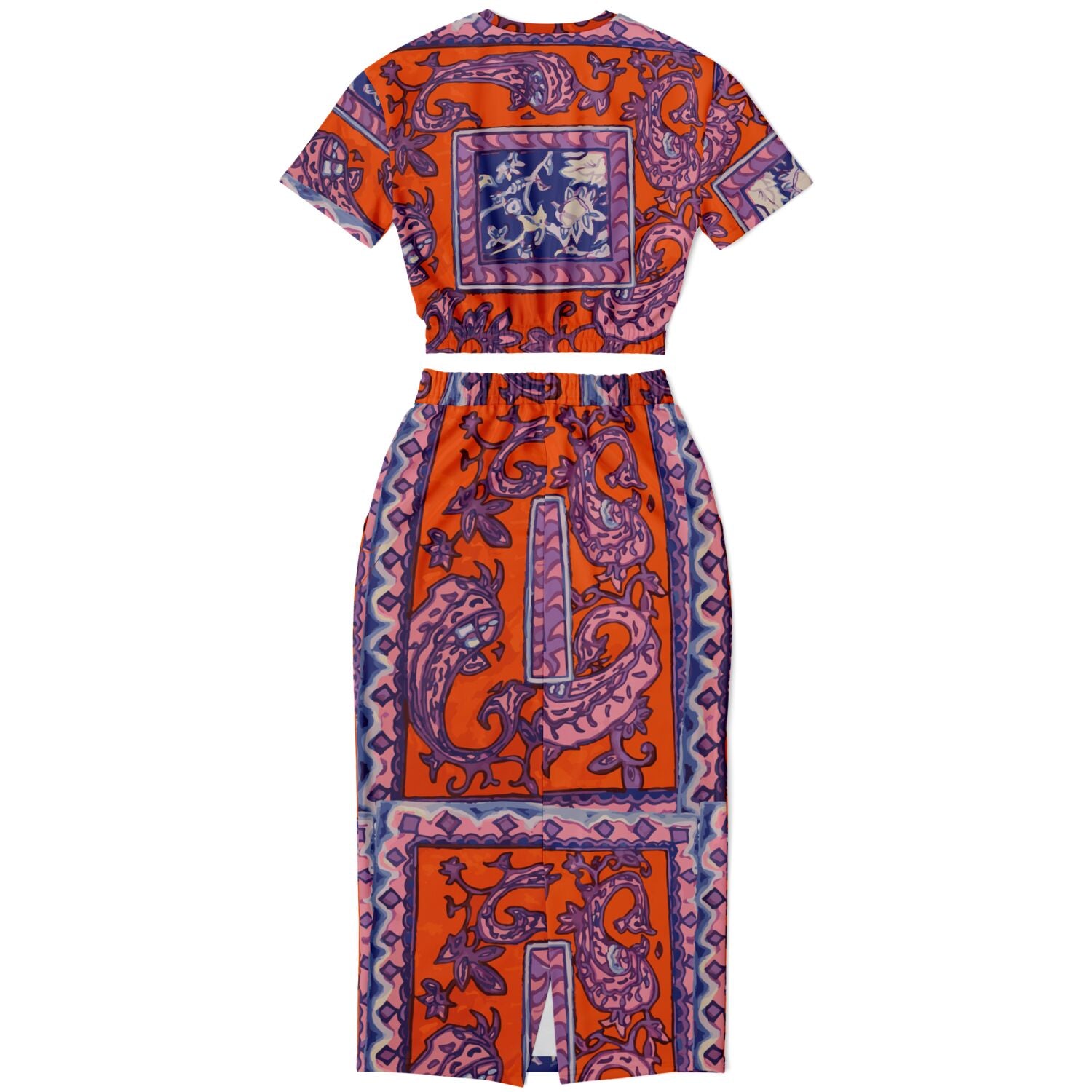 Orange Paisley Fashion Cropped Short Sleeve Sweatshirt and Long Pocket Skirt Set - Hip-Hatter