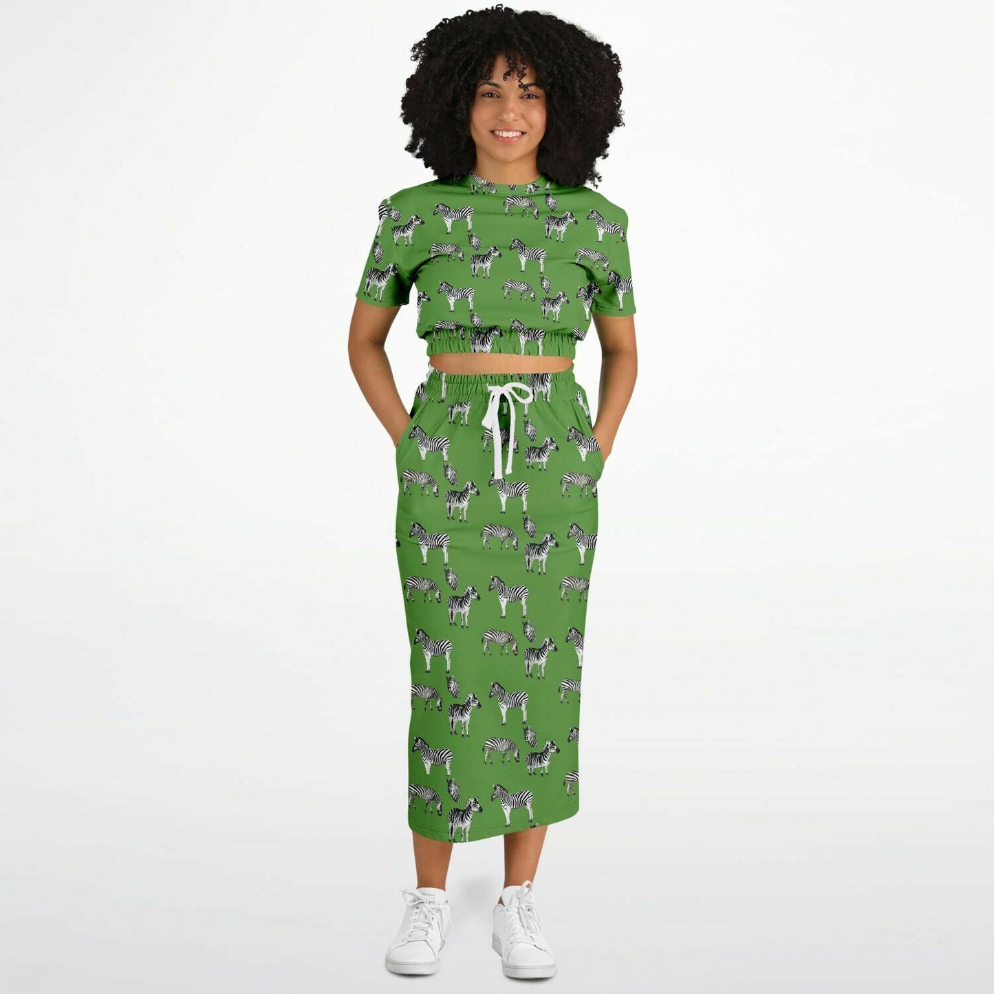 Safari Zebra on Green Grass Fashion Cropped Short Sleeve Sweatshirt and Long Pocket Skirt Set - Hip-Hatter