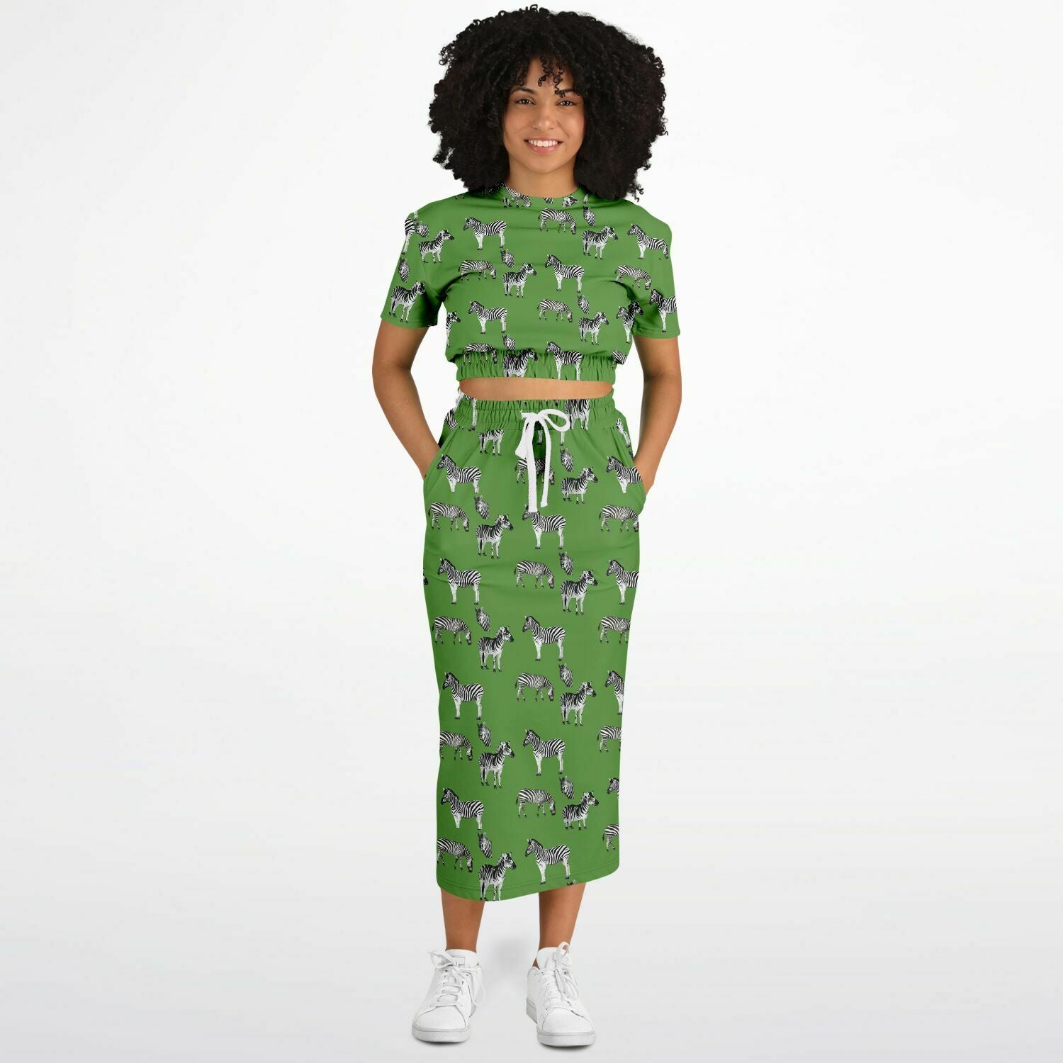 Safari Zebra on Green Grass Fashion Cropped Short Sleeve Sweatshirt and Long Pocket Skirt Set - Hip-Hatter