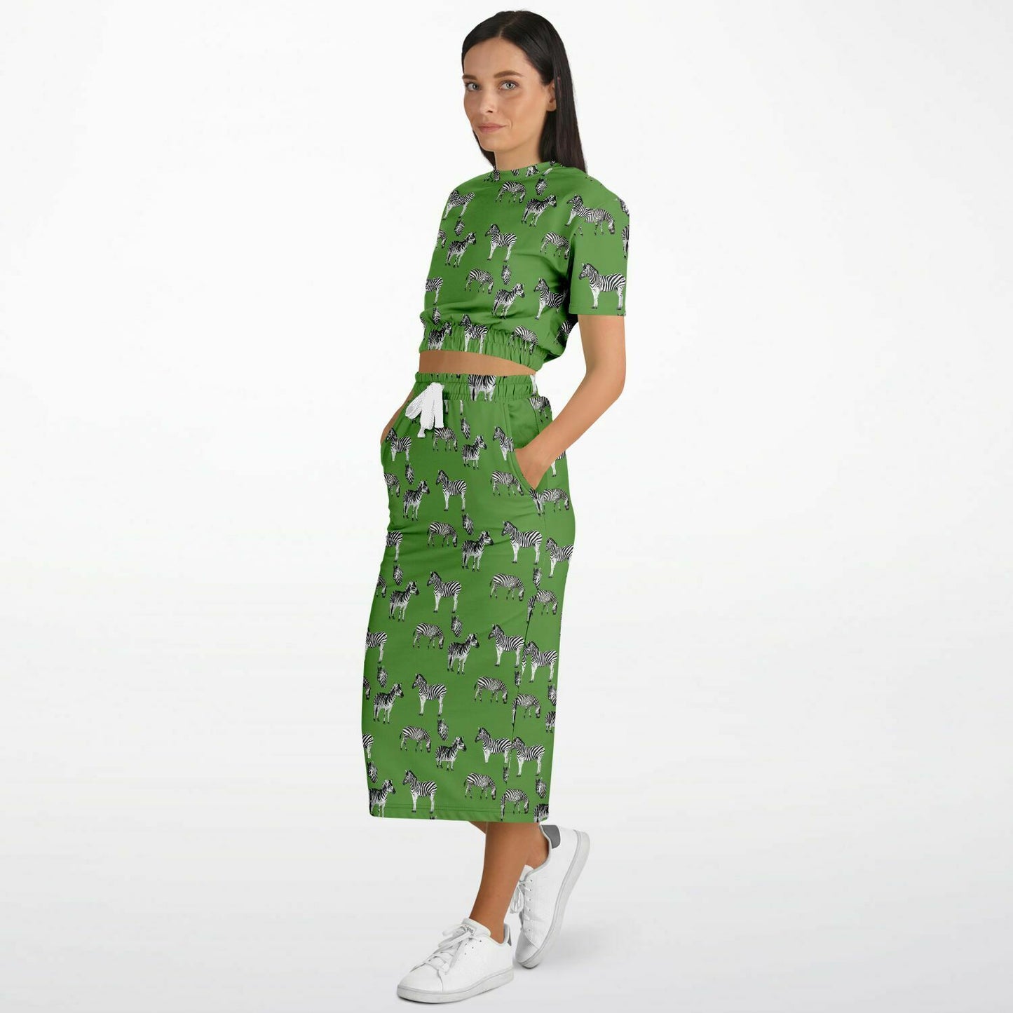 Safari Zebra on Green Grass Fashion Cropped Short Sleeve Sweatshirt and Long Pocket Skirt Set - Hip-Hatter