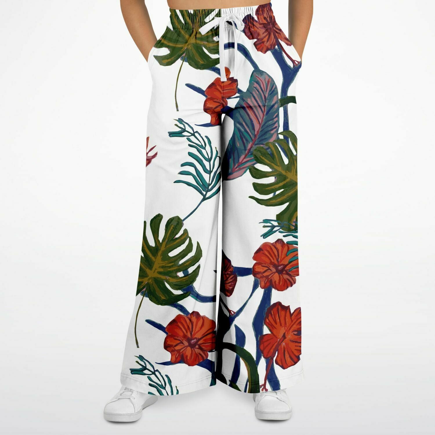 Tropical Floral Print White Flare Trousers - HipHatter