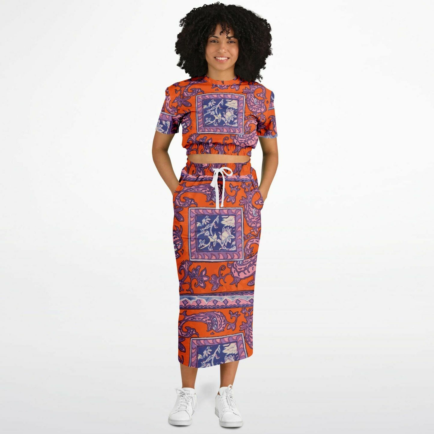 Orange Paisley Fashion Cropped Short Sleeve Sweatshirt and Long Pocket Skirt Set - Hip-Hatter