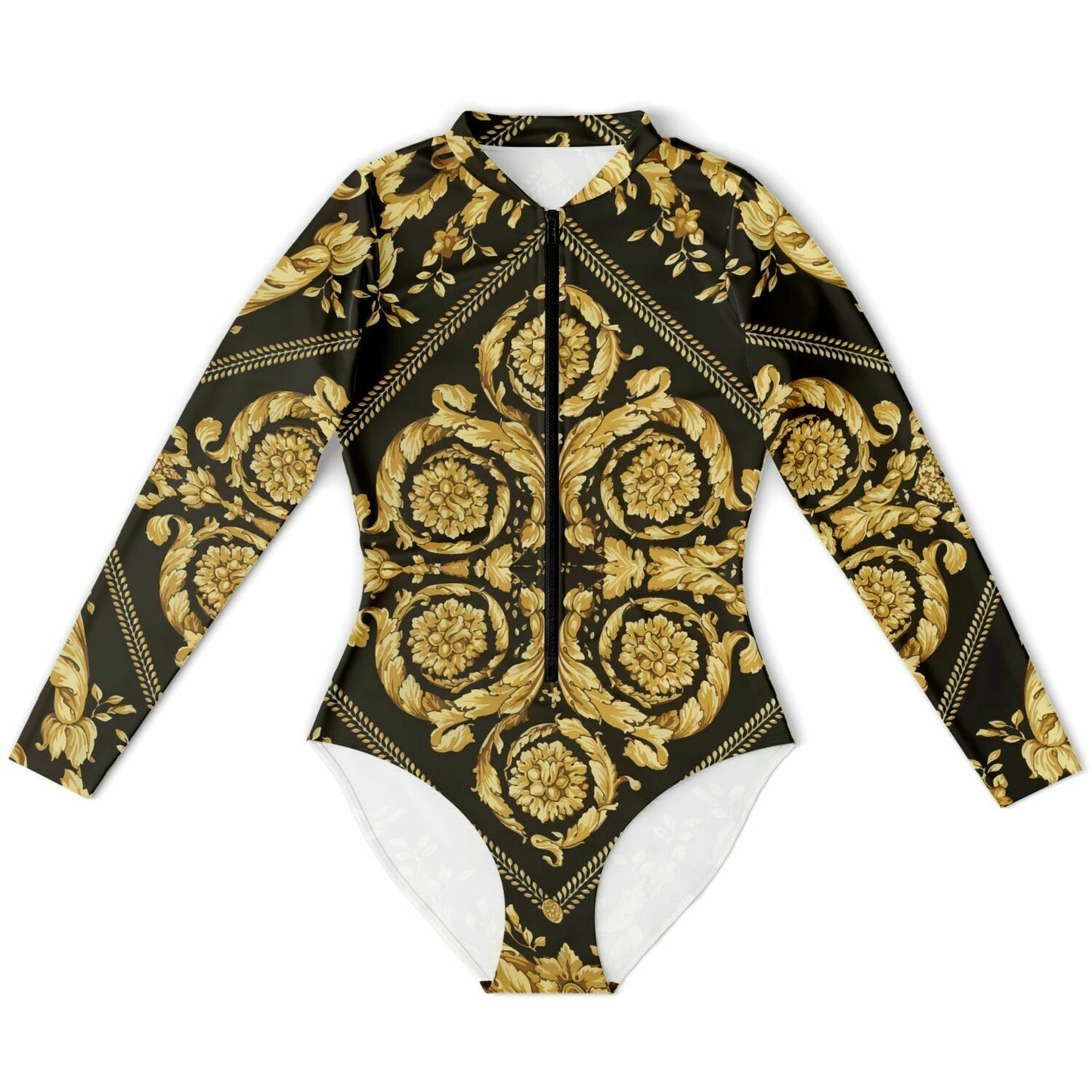 Womens Baroque Print Gold Scarf Print Long Sleeve Body Suit - HipHatter