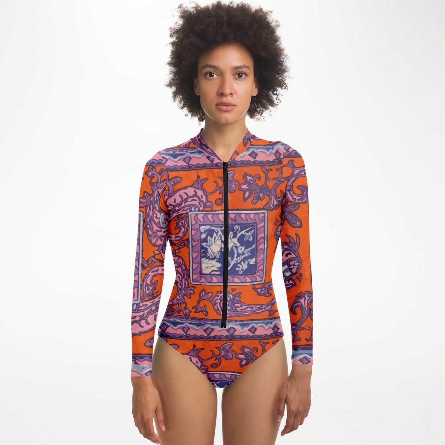 Orange Paisley La Rambla Bodysuit Long Sleeve - HipHatter