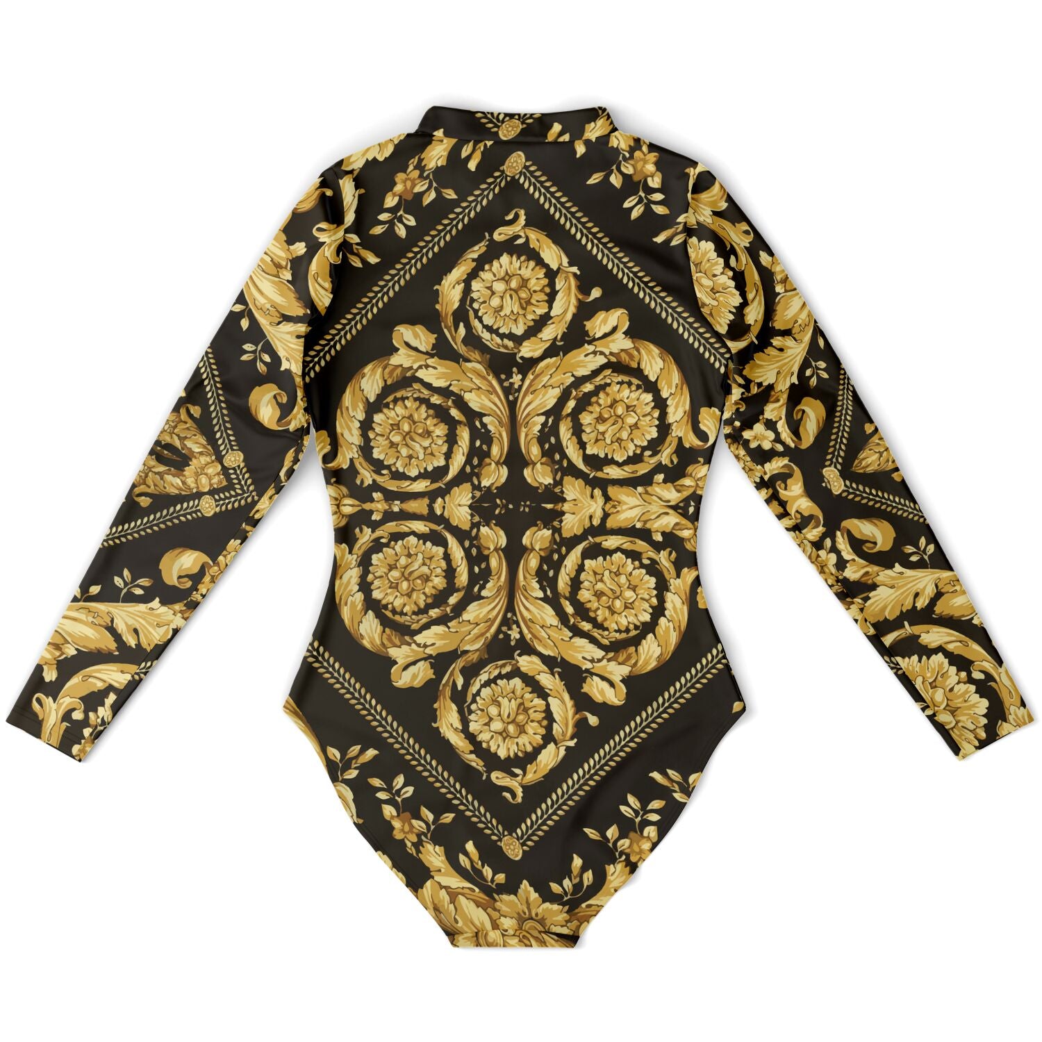 Womens Baroque Print Gold Scarf Print Long Sleeve Body Suit - HipHatter