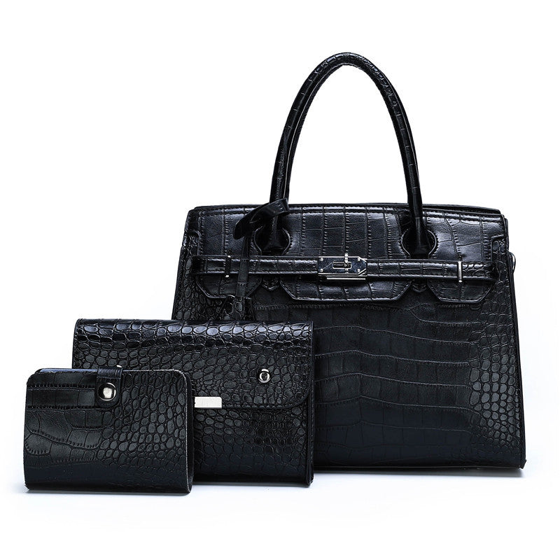 Lock Tote Croc Pattern Handbag Three Piece Set - HipHatter