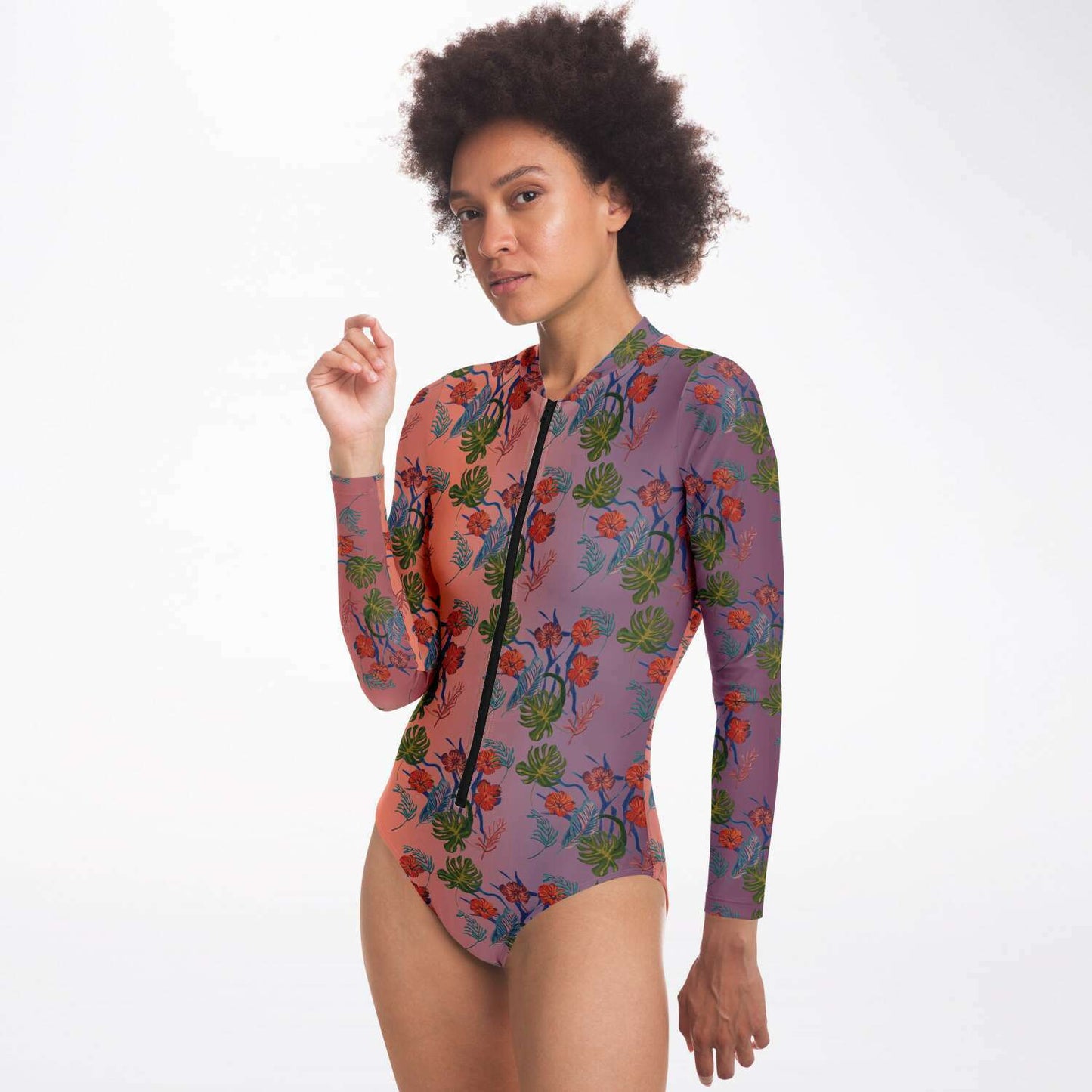 Tropical Floral Print Dawn Surf Long Sleeved Bodysuit - HipHatter