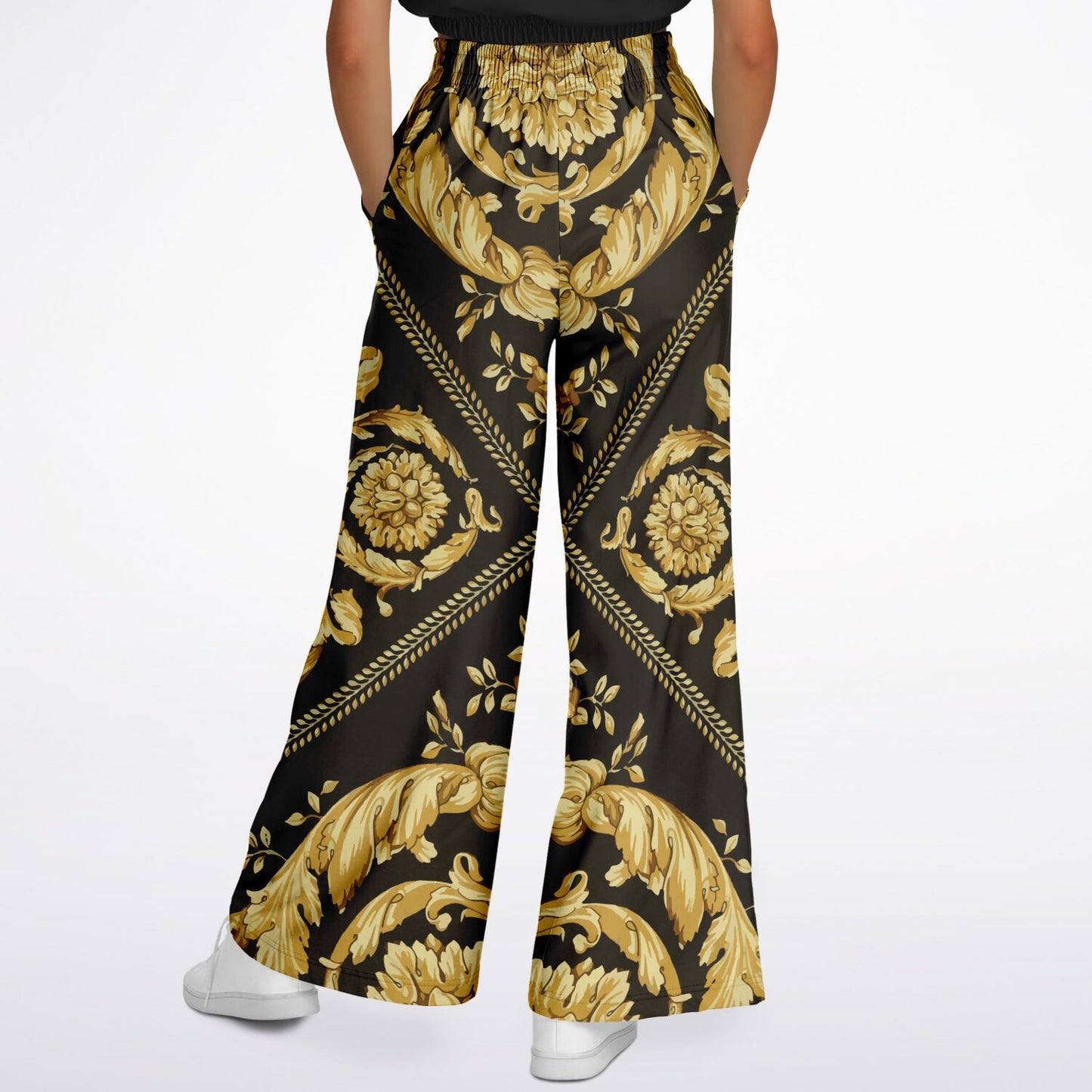 Baroque Print Gold Scarf Print Flare Trousers - HipHatter