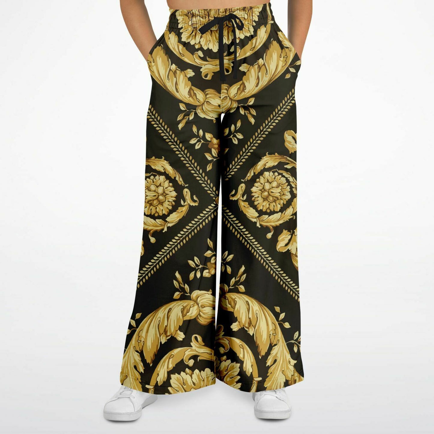 Baroque Print Gold Scarf Print Flare Trousers - HipHatter