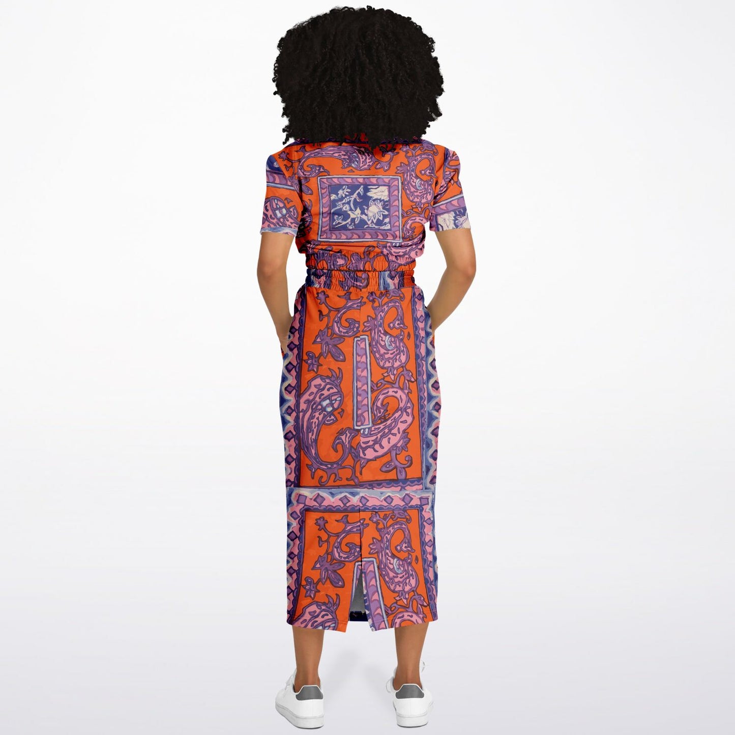 Orange Paisley Fashion Cropped Short Sleeve Sweatshirt and Long Pocket Skirt Set - Hip-Hatter