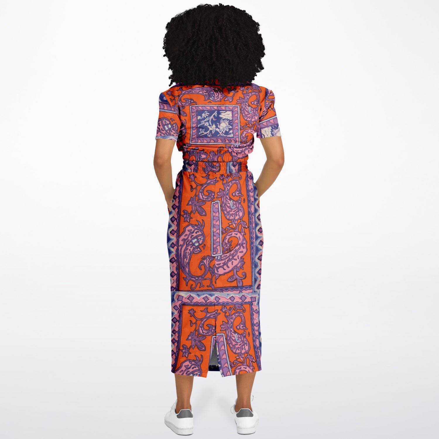 Orange Paisley Fashion Cropped Short Sleeve Sweatshirt and Long Pocket Skirt Set - Hip-Hatter