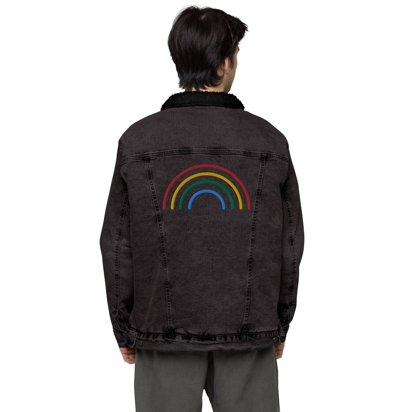 Rainbow Full Embroidered Black Denim Sherpa Jacket - HipHatter
