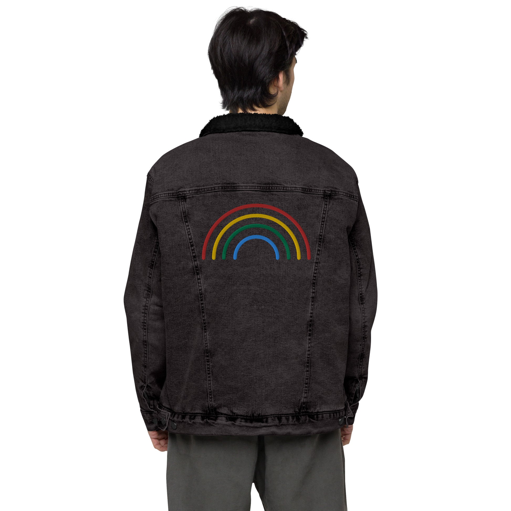 Rainbow Full Embroidered Black Denim Sherpa Jacket - HipHatter