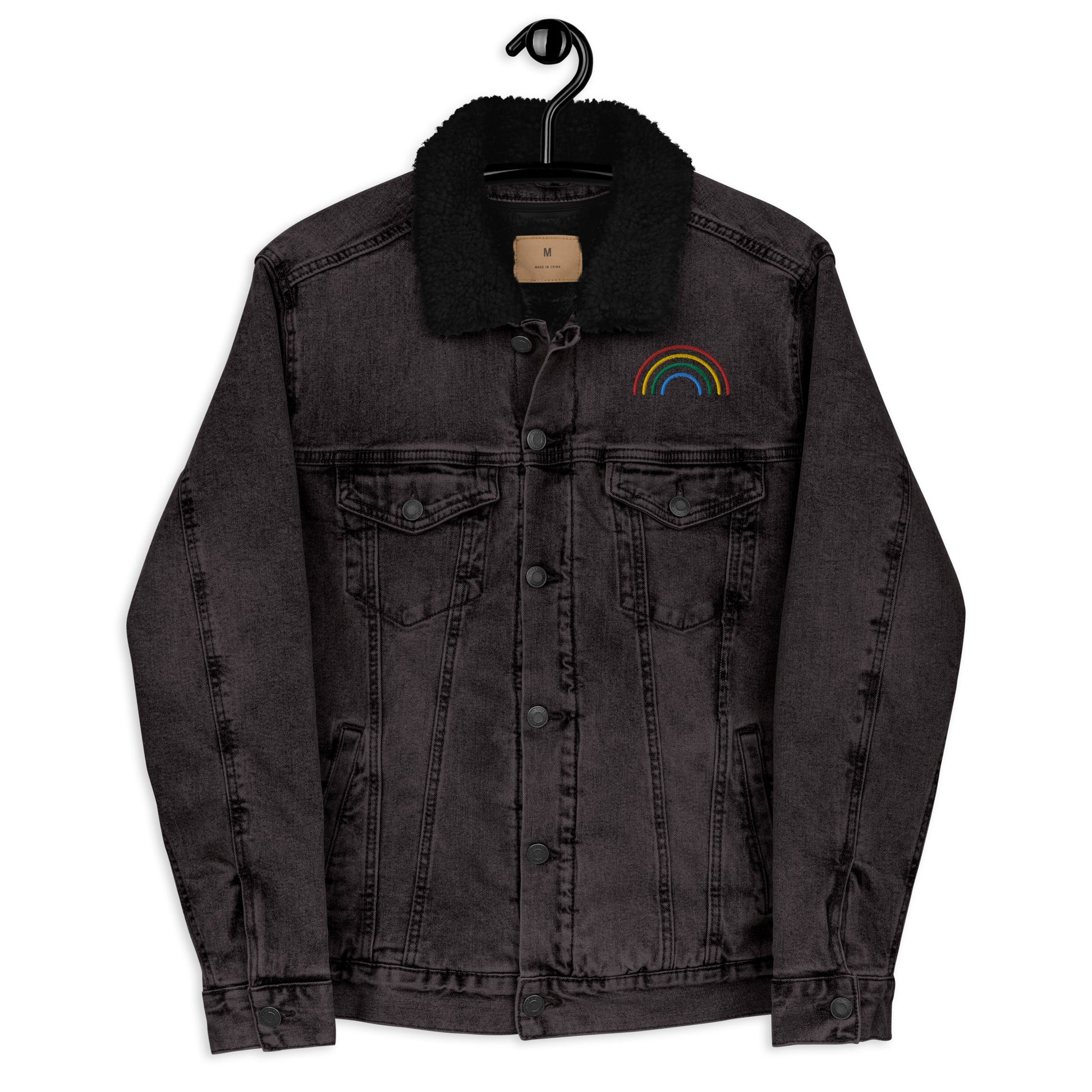 Rainbow Full Embroidered Black Denim Sherpa Jacket - HipHatter