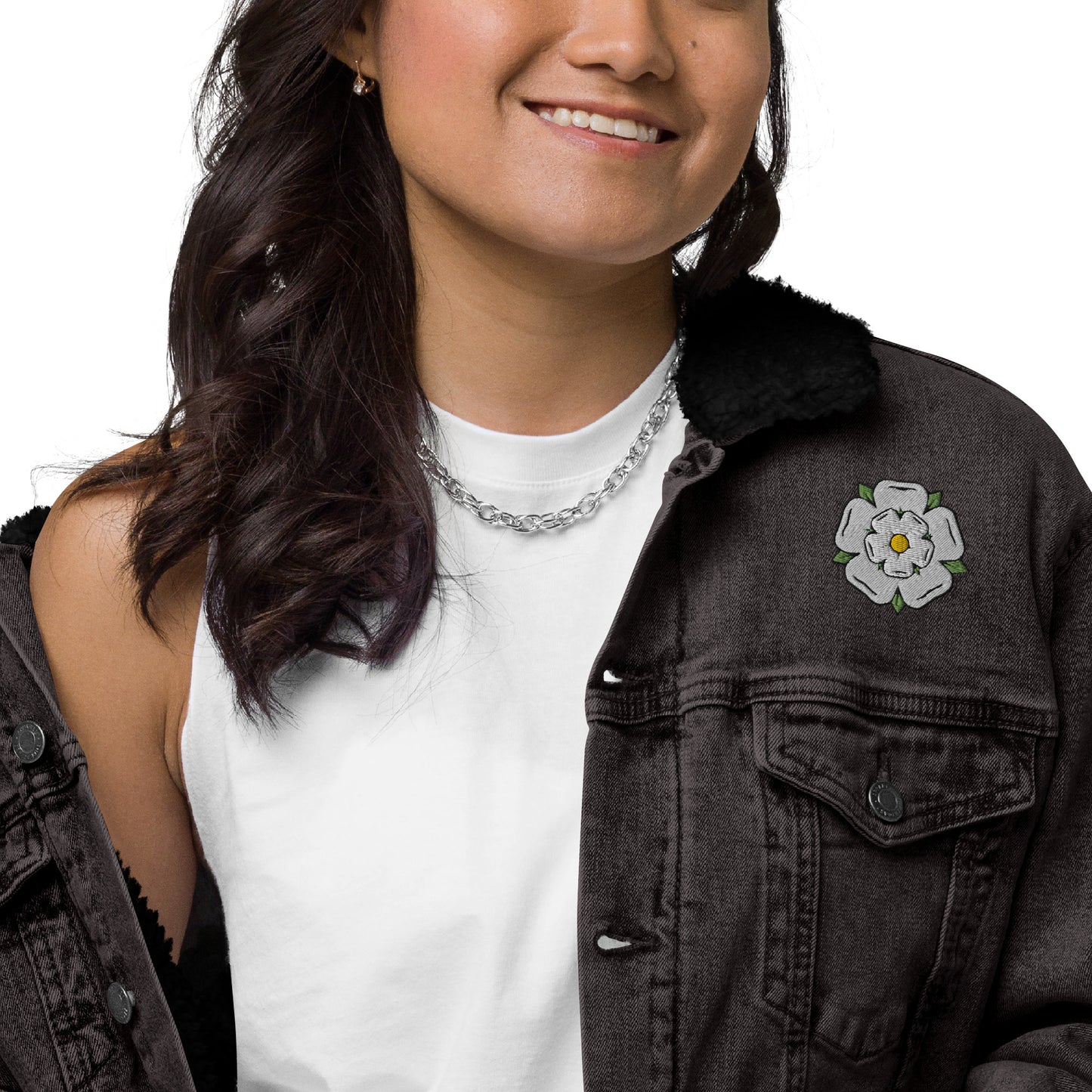 Yorkshire White Rose Unisex denim sherpa jacket - HipHatter