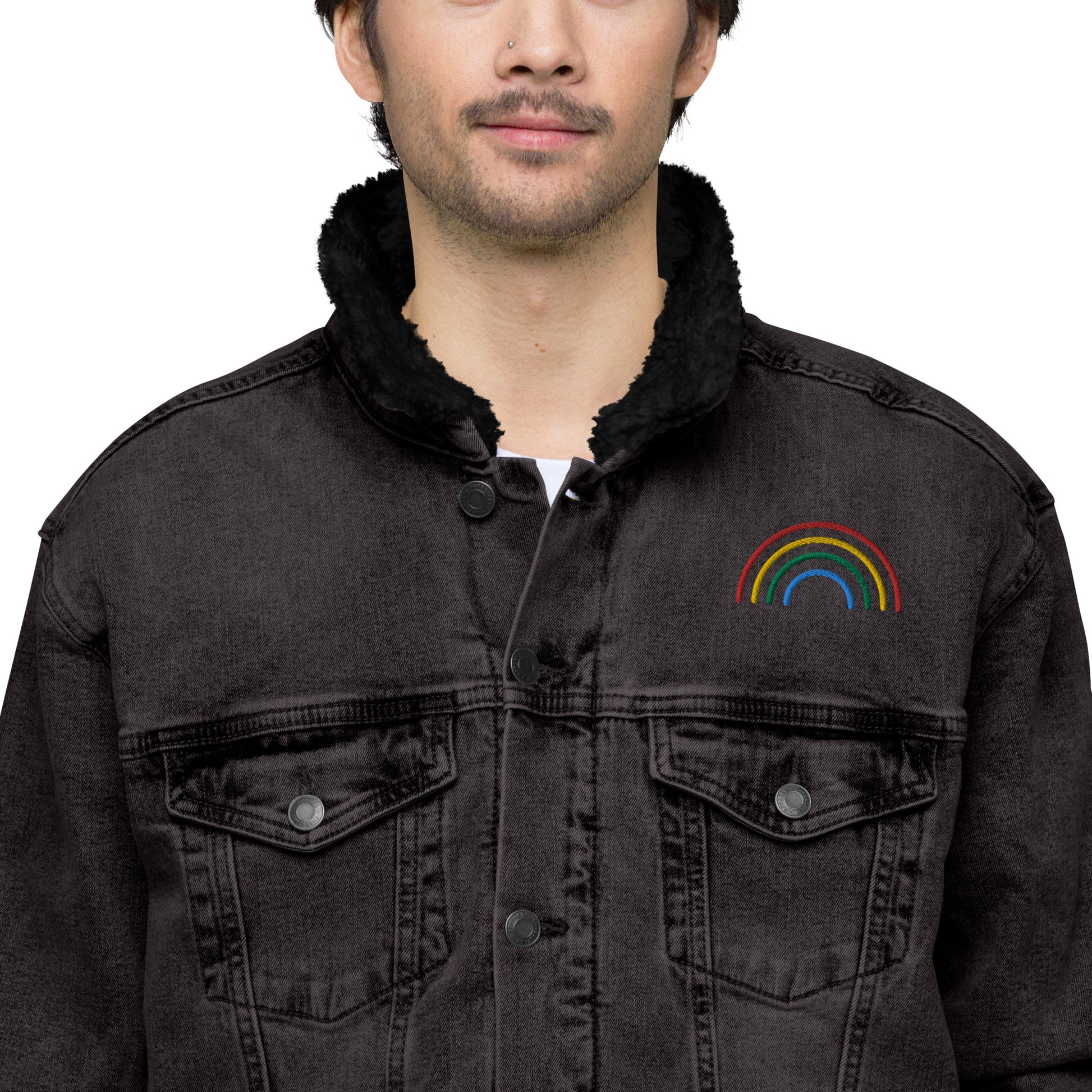 Rainbow Full Embroidered Black Denim Sherpa Jacket - HipHatter