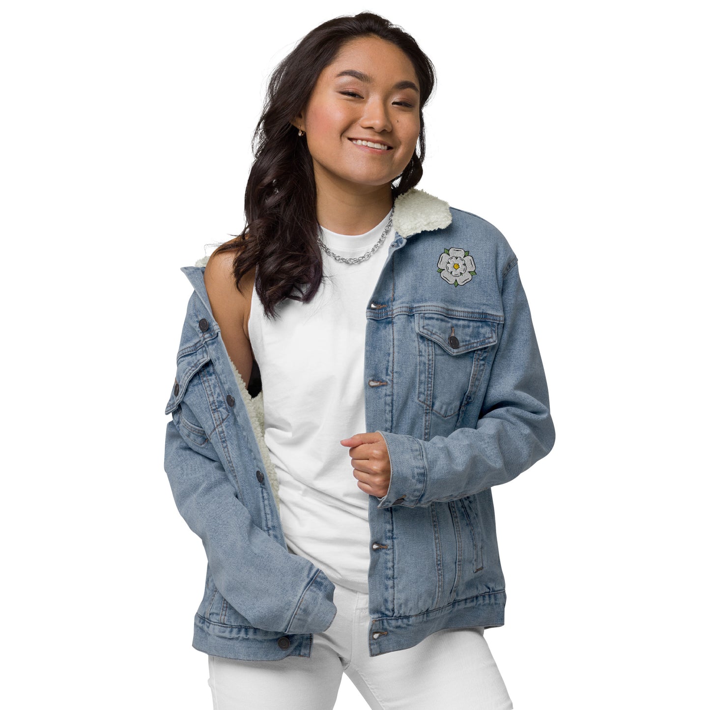 Yorkshire White Rose Unisex denim sherpa jacket - HipHatter