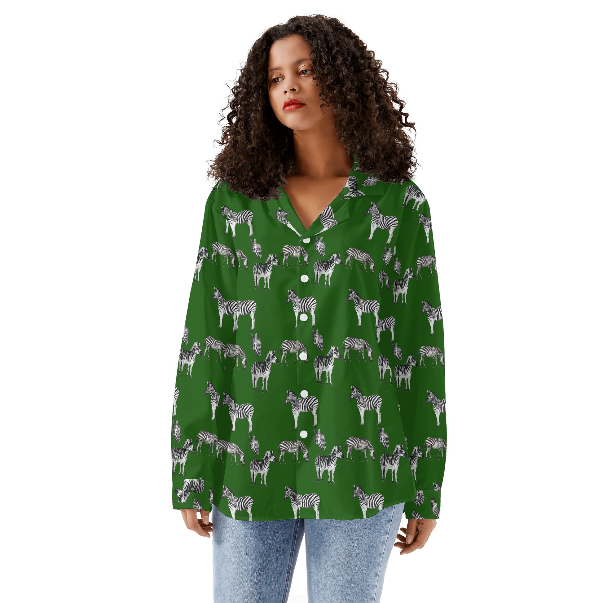 Emerald Green Safari Zebra Women's Long Sleeve Button Down Shirt - HipHatter