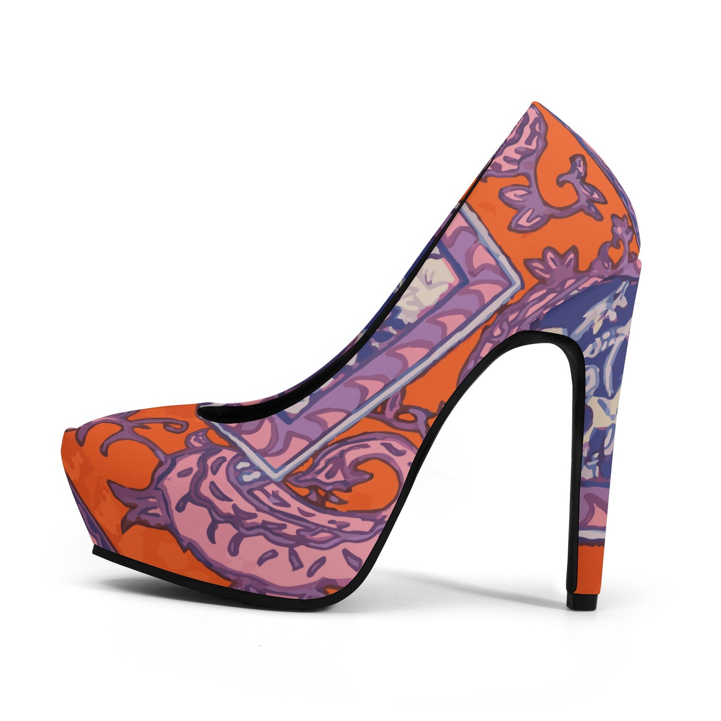 Orange Paisley Print Women Platform Pumps 5 Inch High Heels - HipHatter