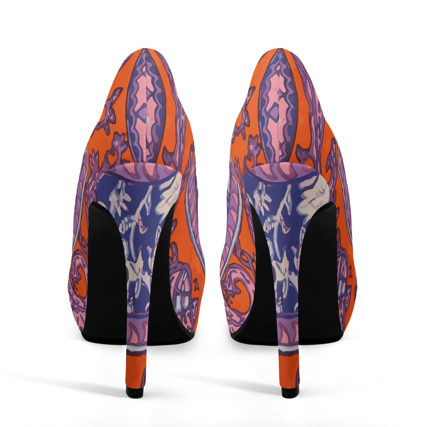 Orange Paisley Print Women Platform Pumps 5 Inch High Heels - HipHatter