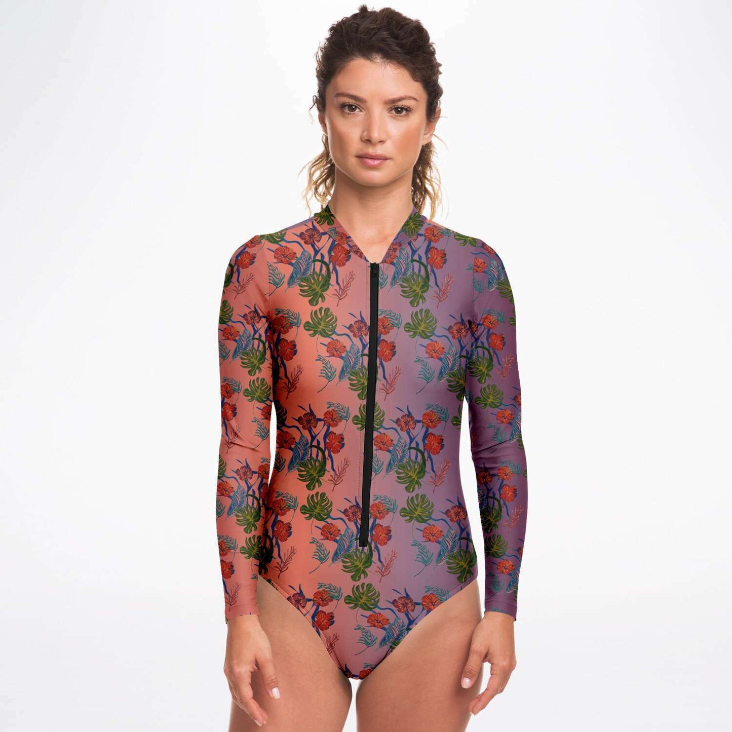 Tropical Floral Print Dawn Surf Long Sleeved Bodysuit - HipHatter