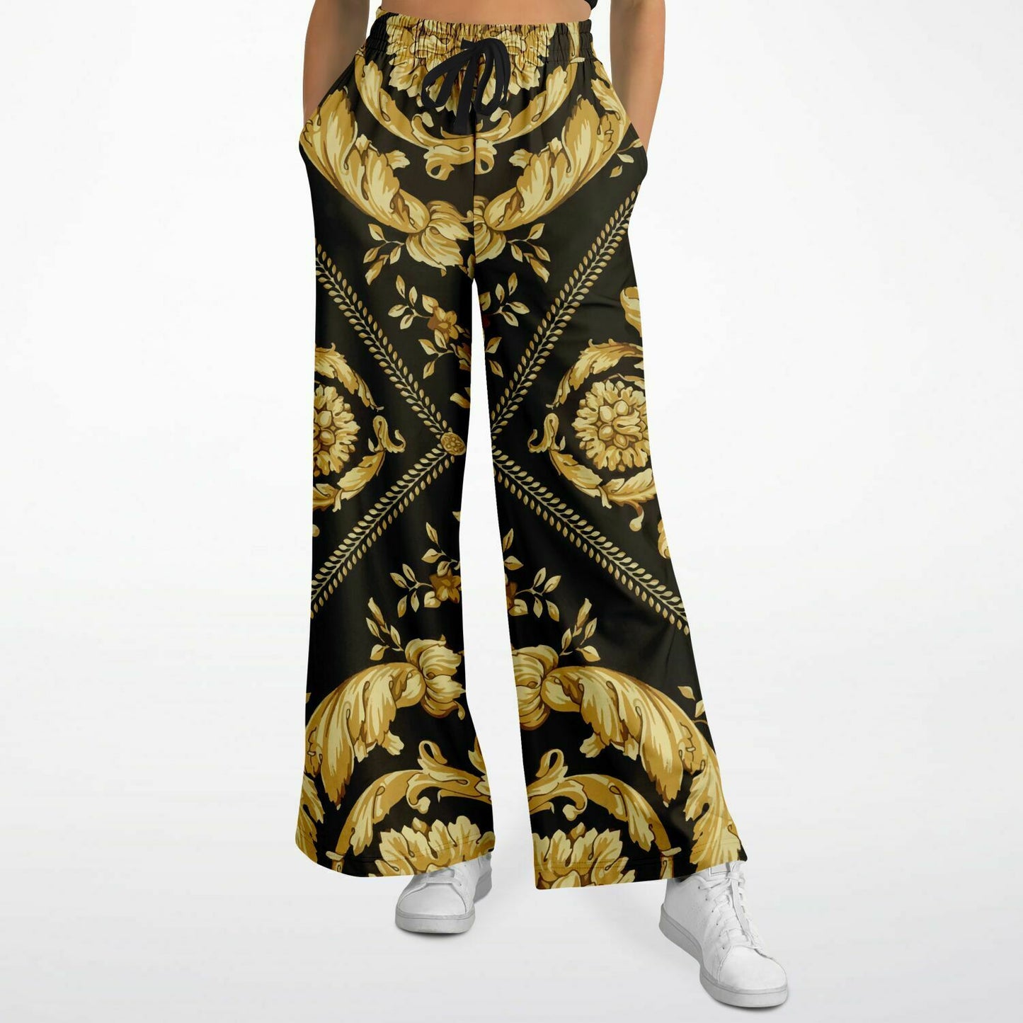 Baroque Print Gold Scarf Print Flare Trousers - HipHatter