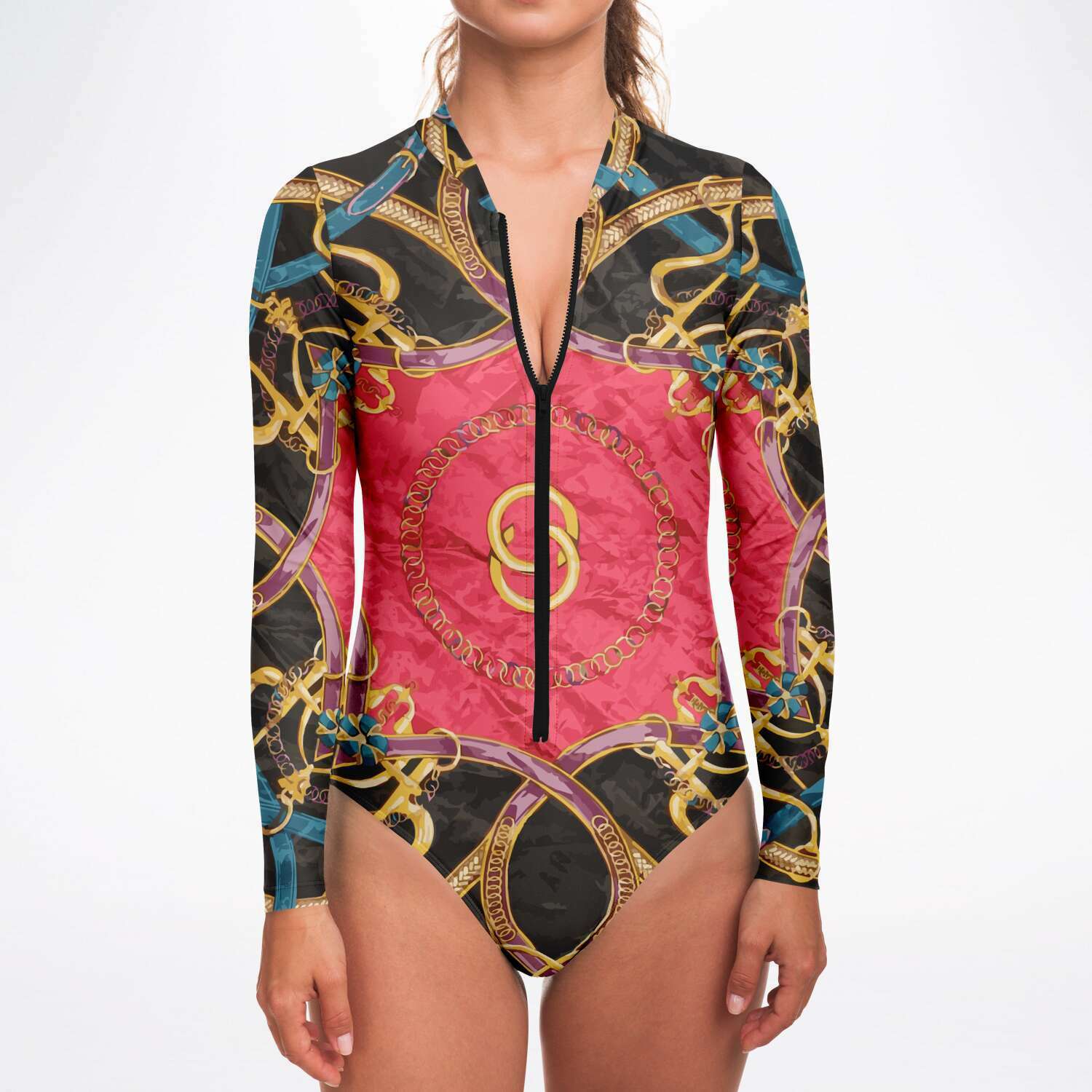 Pink Equestrian Scarf Print Body Suit - HipHatter
