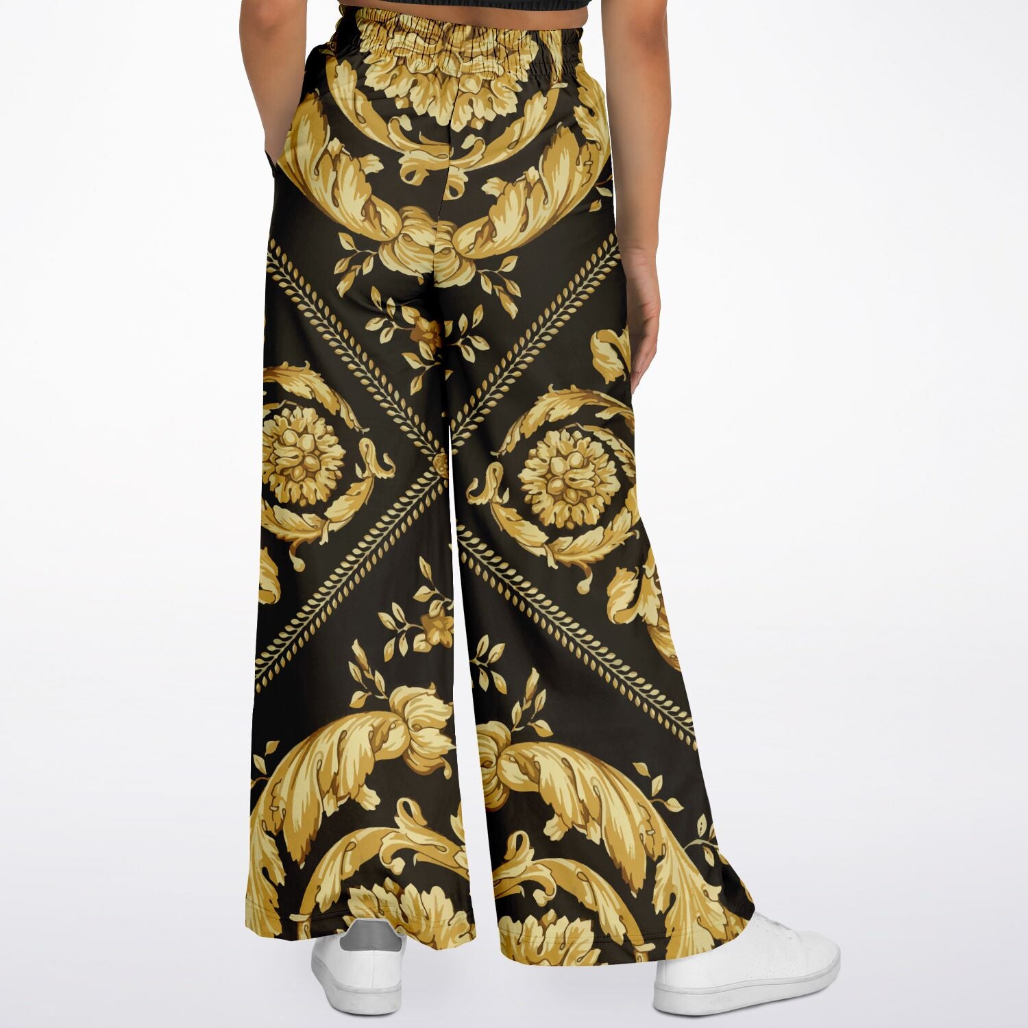 Baroque Print Gold Scarf Print Flare Trousers - HipHatter